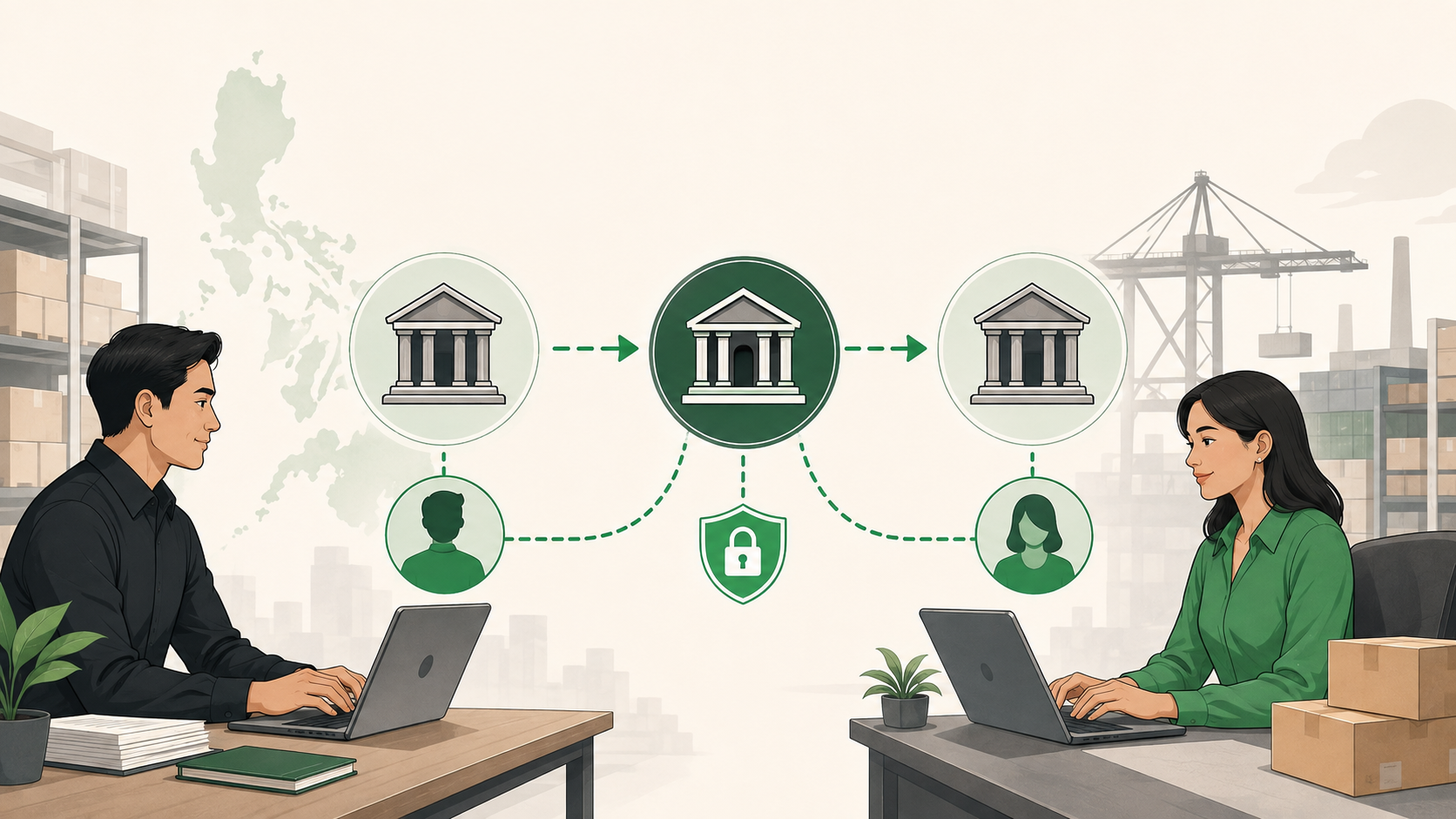 Three banks connected through a correspondent banking route