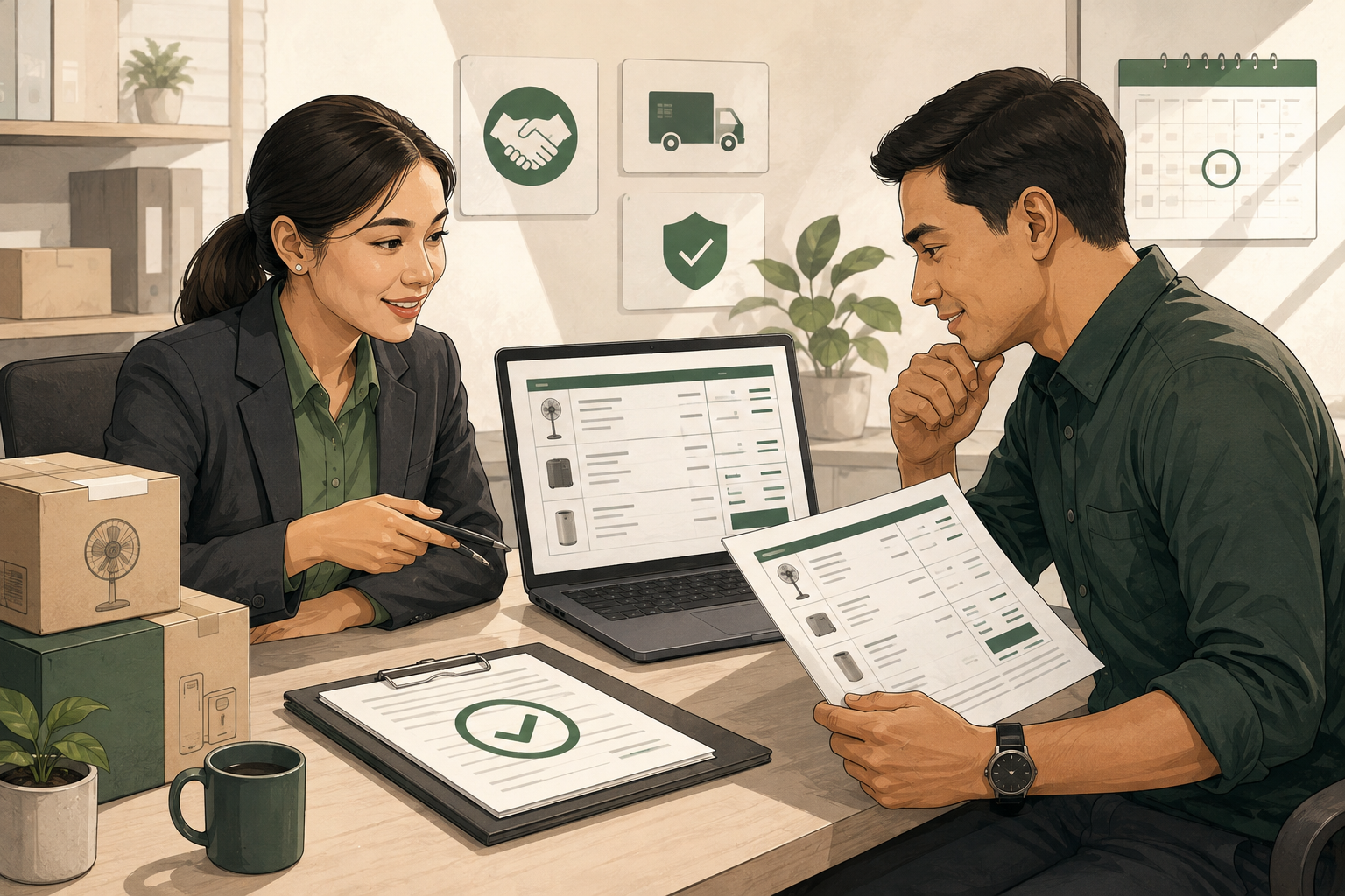 Sales representative and business buyer reviewing a detailed quotation