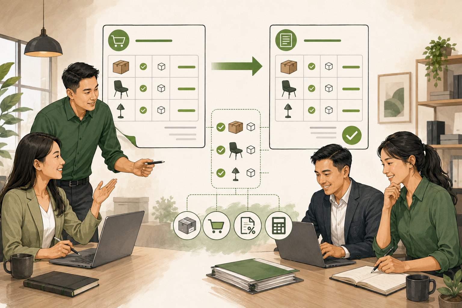 Sales and finance teams carrying approved quotation details into an invoice