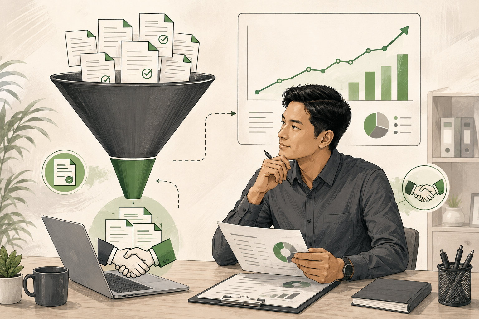 Sales analyst measuring issued quotations that convert into confirmed orders