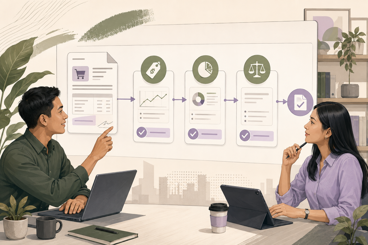 Sales and finance managers reviewing a quotation through pricing, margin and legal approval steps