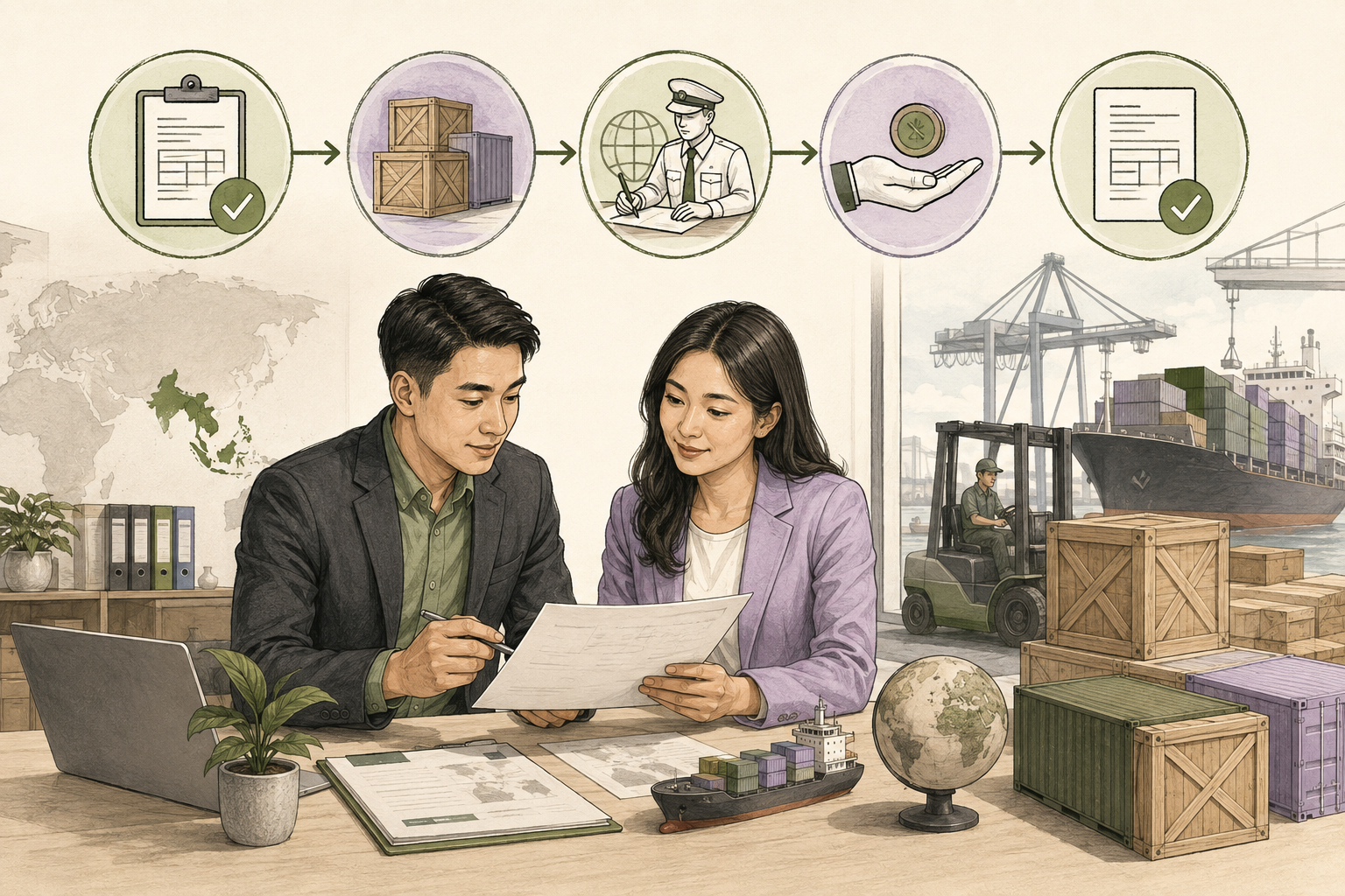 Exporter and buyer reviewing a pro forma invoice before an international shipment