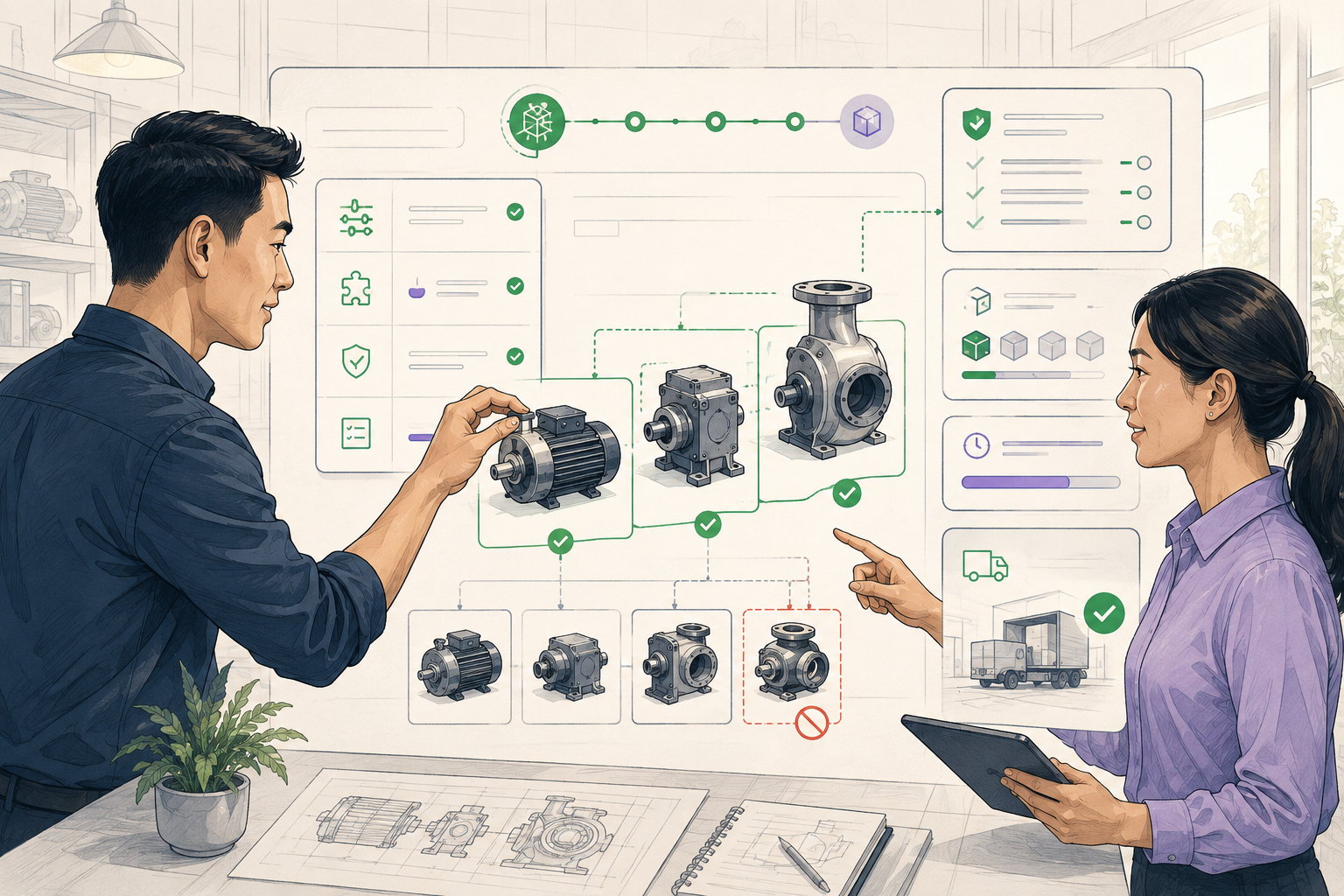 Business team assembling compatible product modules in a configuration workspace