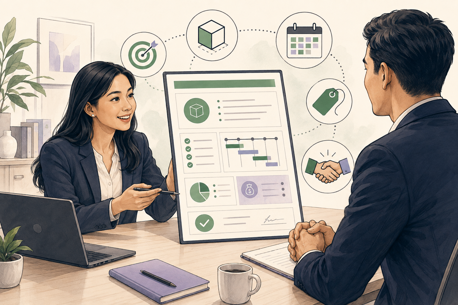Sales professional presenting a commercial proposal to a procurement manager