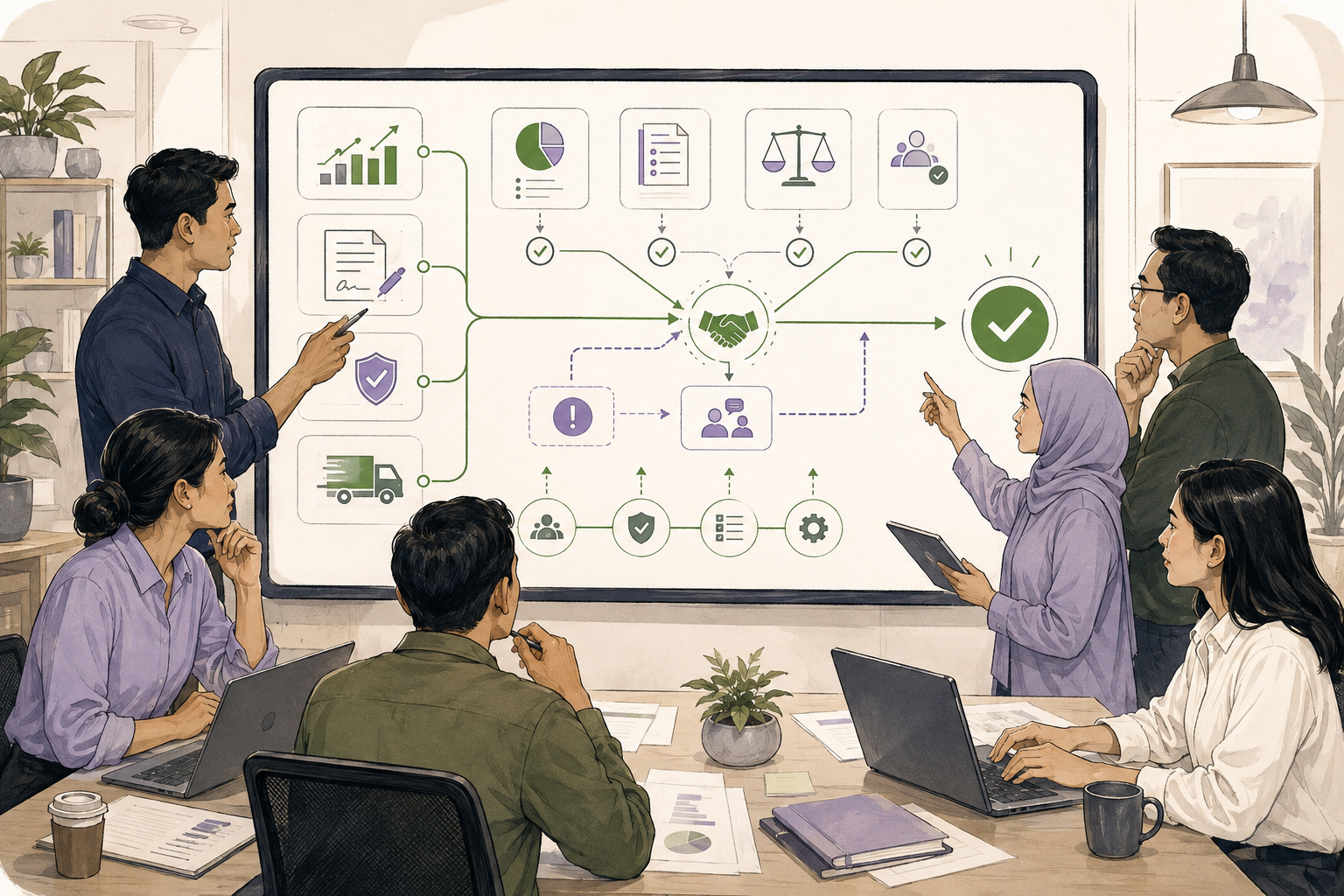 Cross-functional team reviewing a complex transaction at a deal desk