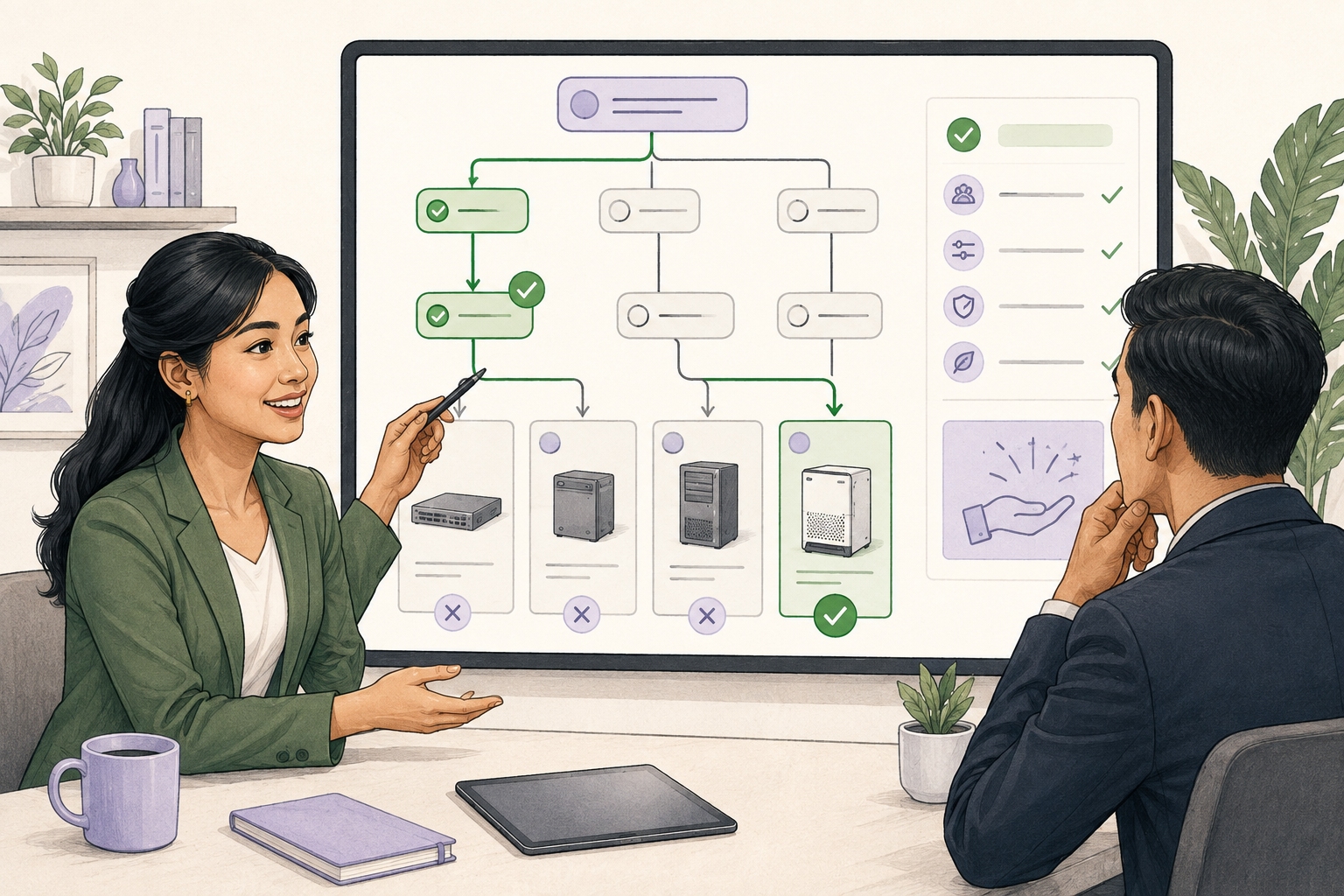 Sales representative guiding a buyer through a product decision path