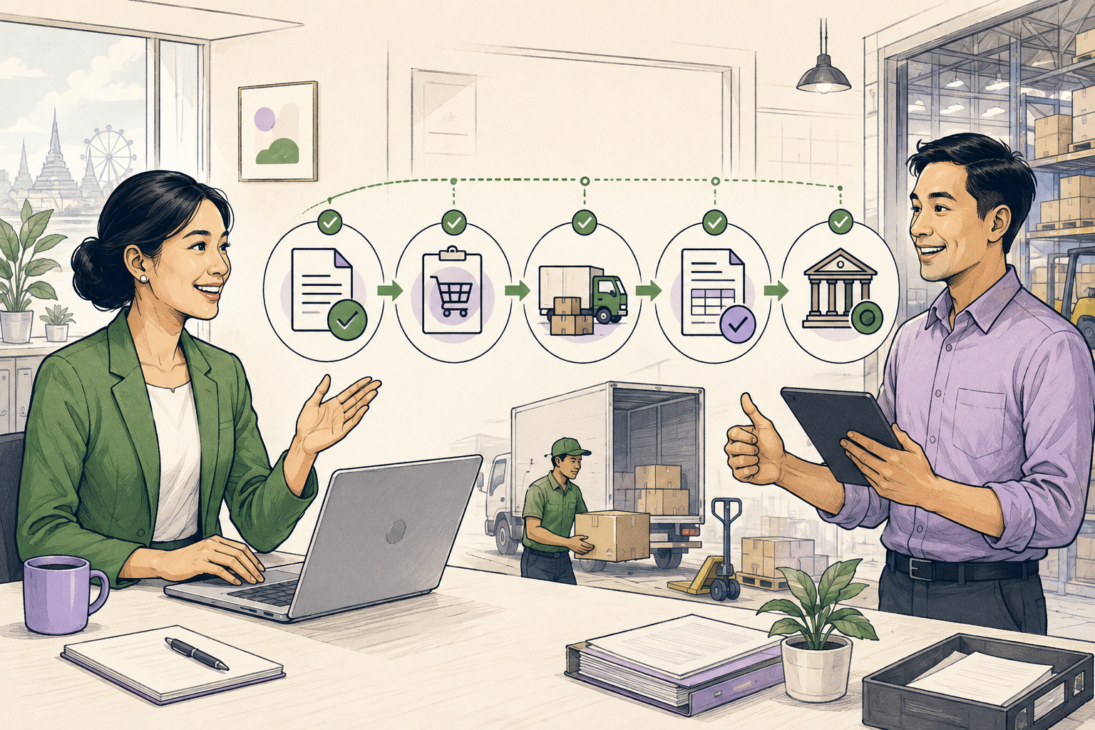 Purchasing manager coordinating an order, delivery, invoice and supplier payment