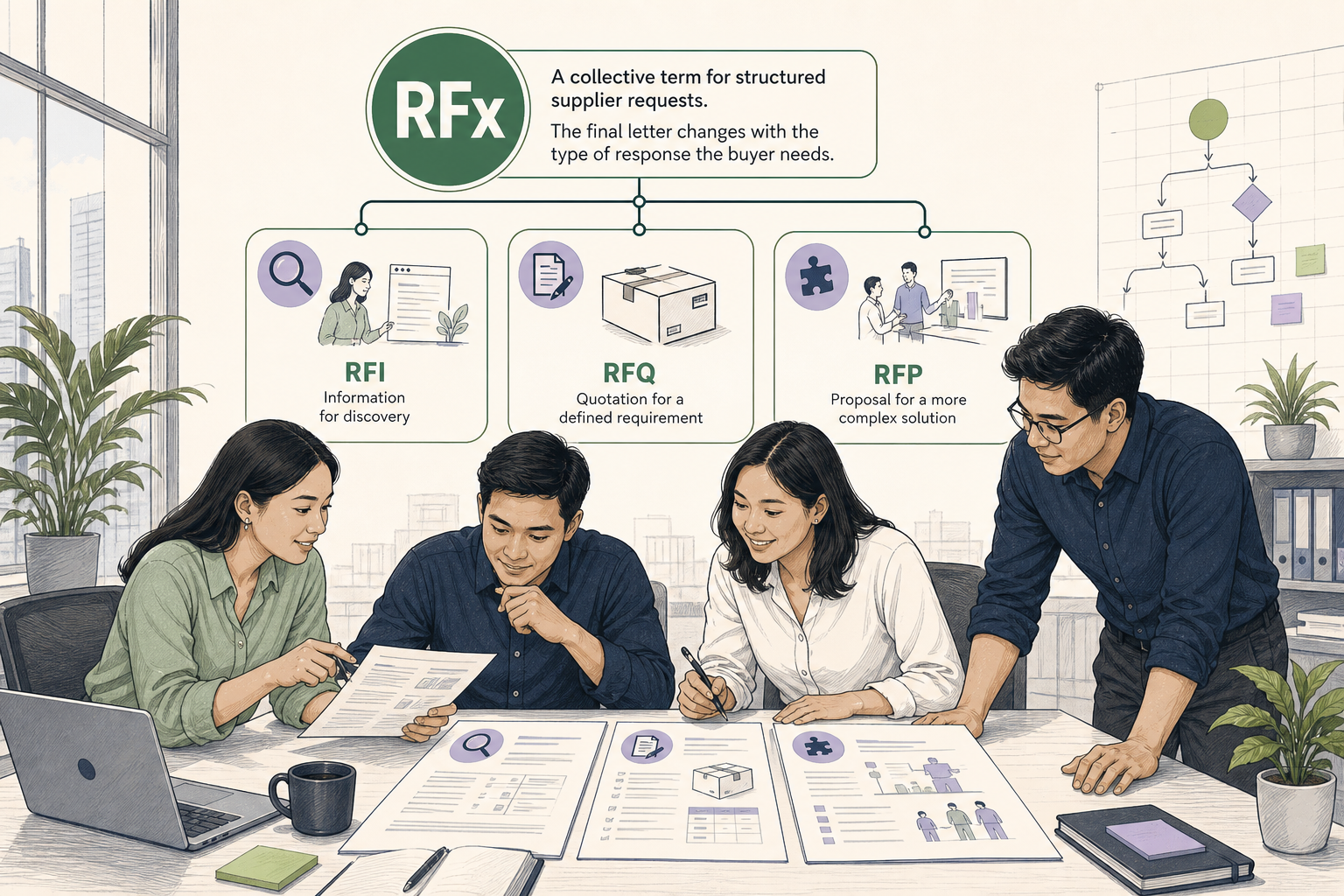 Editorial illustration explaining RFx in a B2B transaction