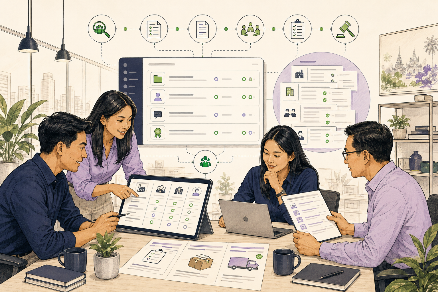 Editorial illustration explaining eSourcing in a B2B transaction