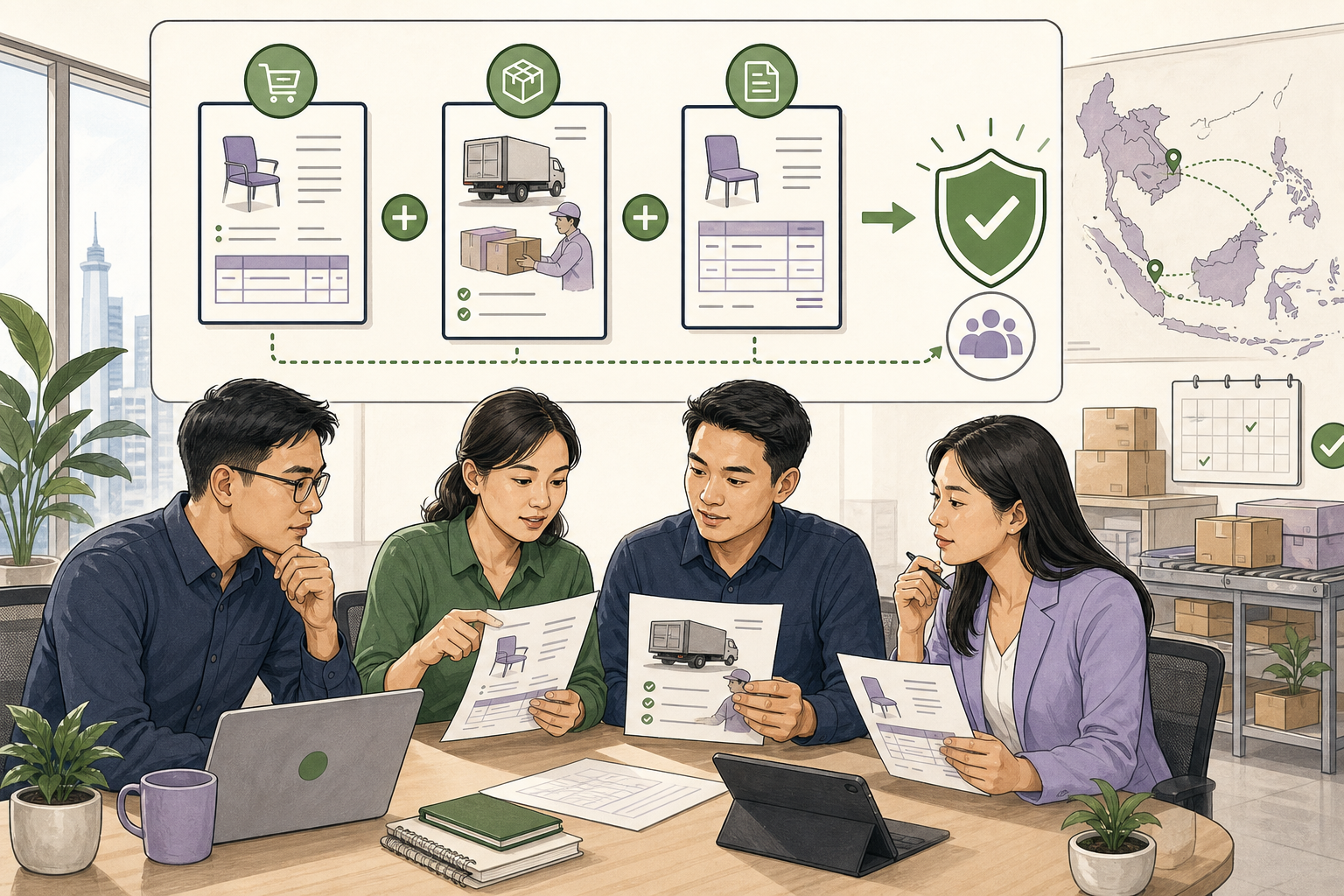 Editorial illustration explaining Three-way matching in a B2B transaction