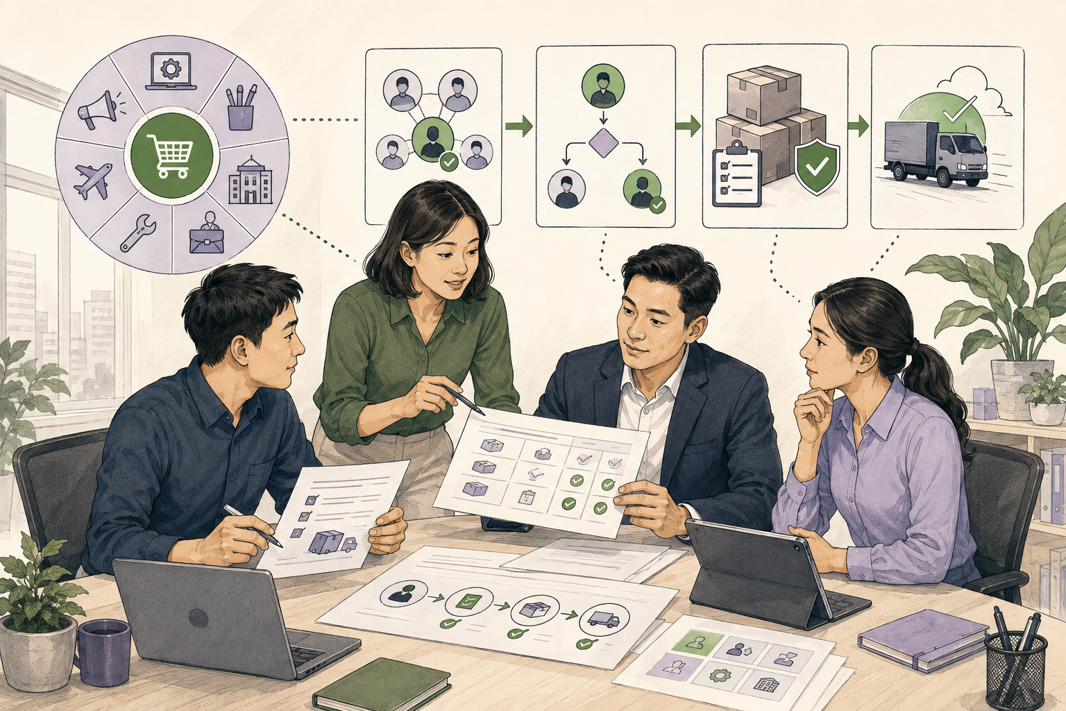 Editorial illustration explaining Indirect procurement in a B2B transaction