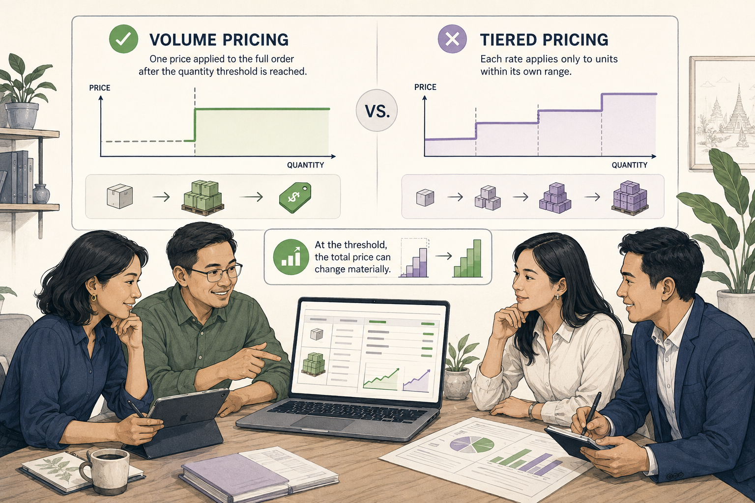 Editorial illustration explaining Volume pricing in a B2B transaction