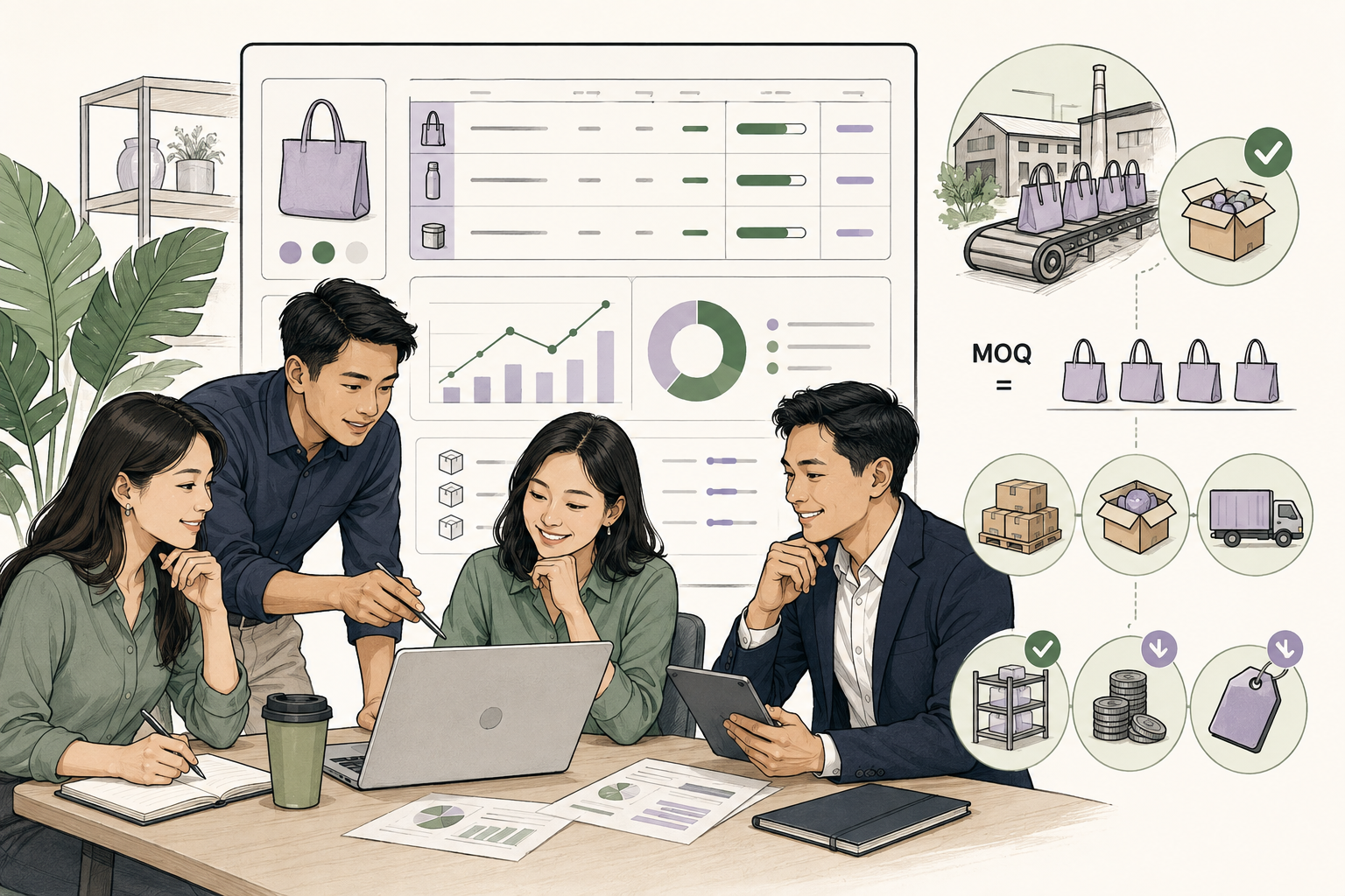 Editorial illustration explaining Minimum order quantity (MOQ) in a B2B transaction
