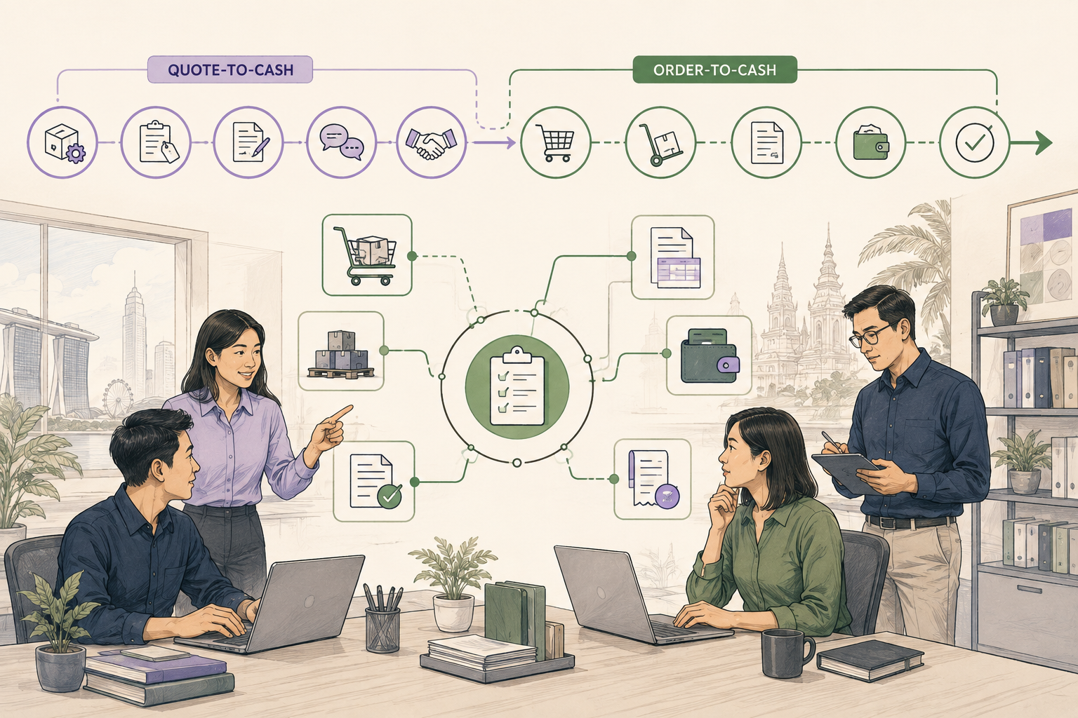 Editorial illustration explaining Order-to-cash (O2C) in a B2B transaction