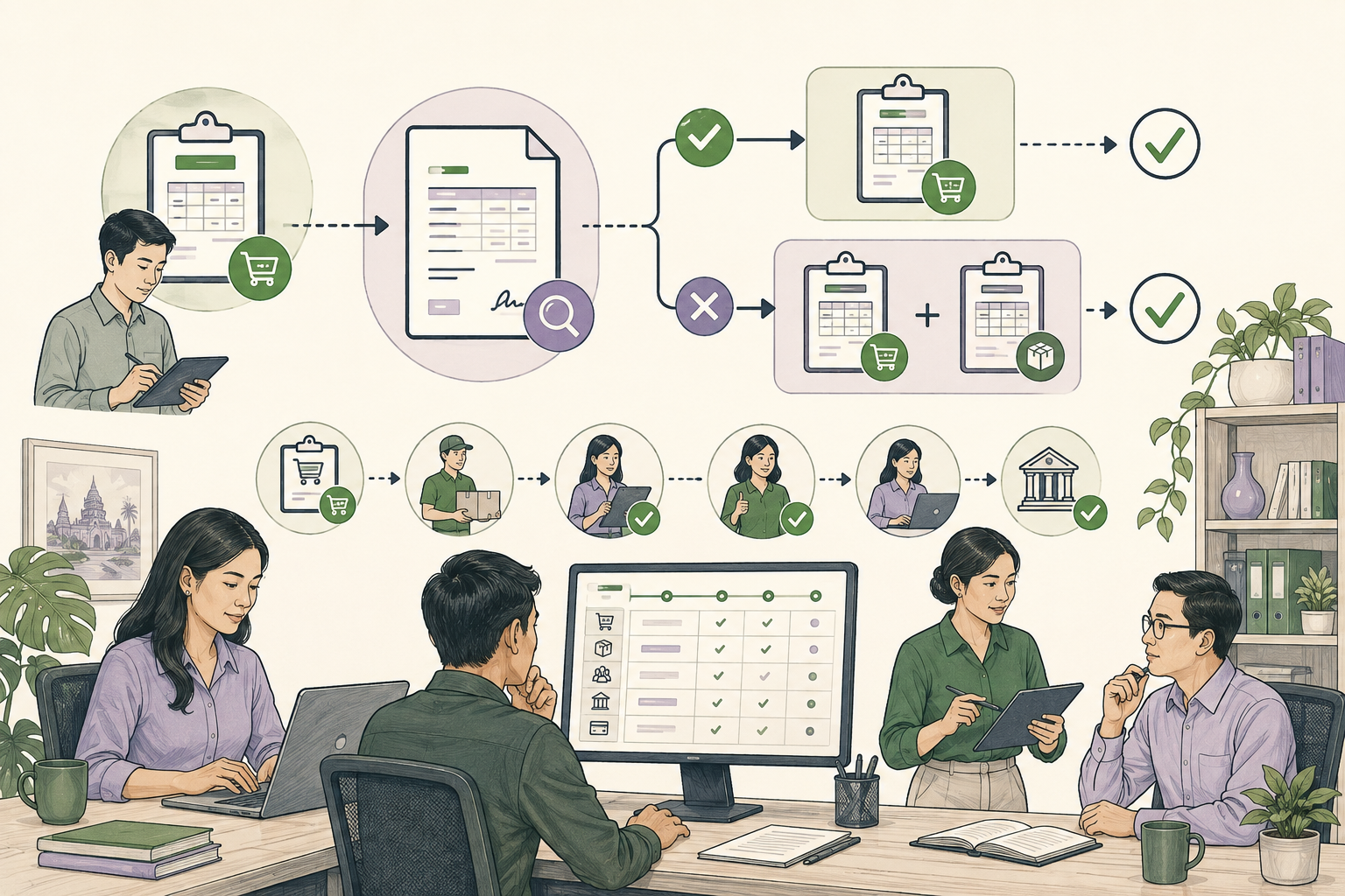 Editorial illustration explaining Invoice matching in a B2B transaction