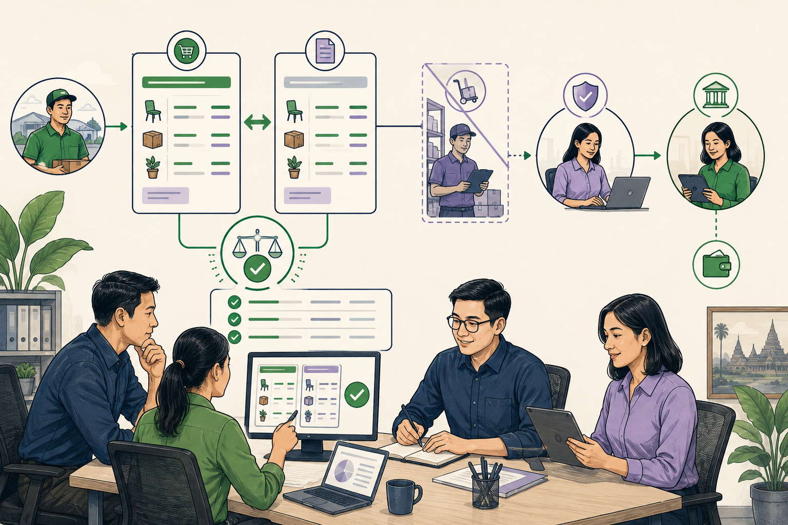Editorial illustration explaining Two-way matching in a B2B transaction