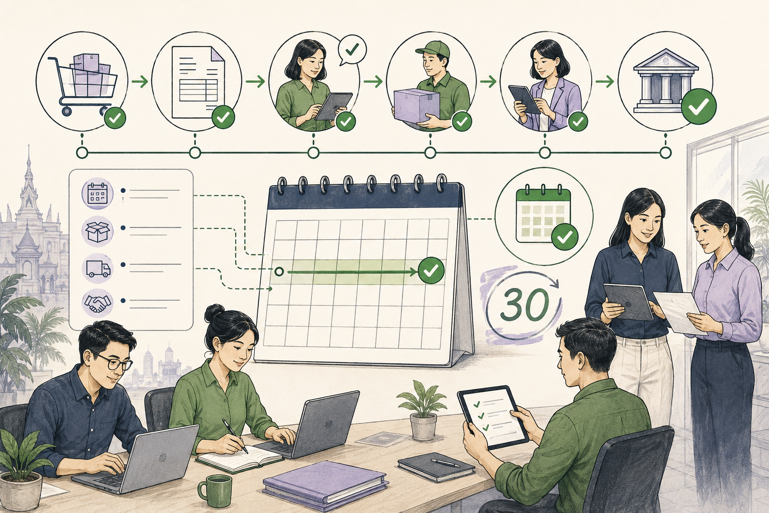 Editorial illustration explaining Net 30 in a B2B transaction