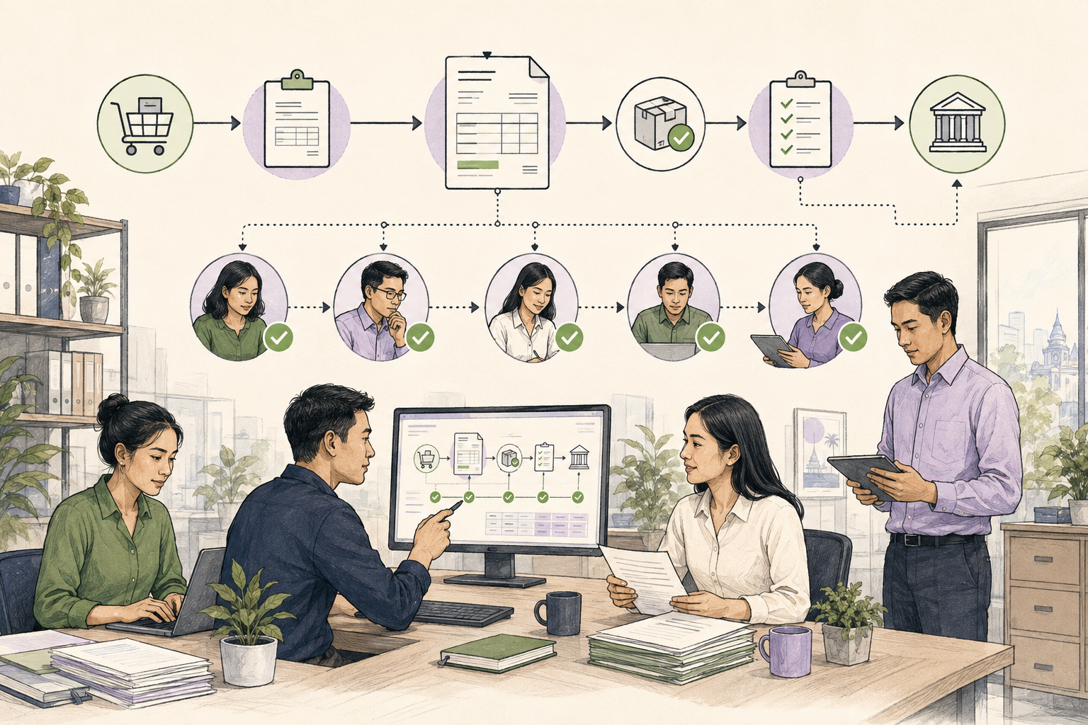 Editorial illustration explaining Invoice approval workflow in a B2B transaction