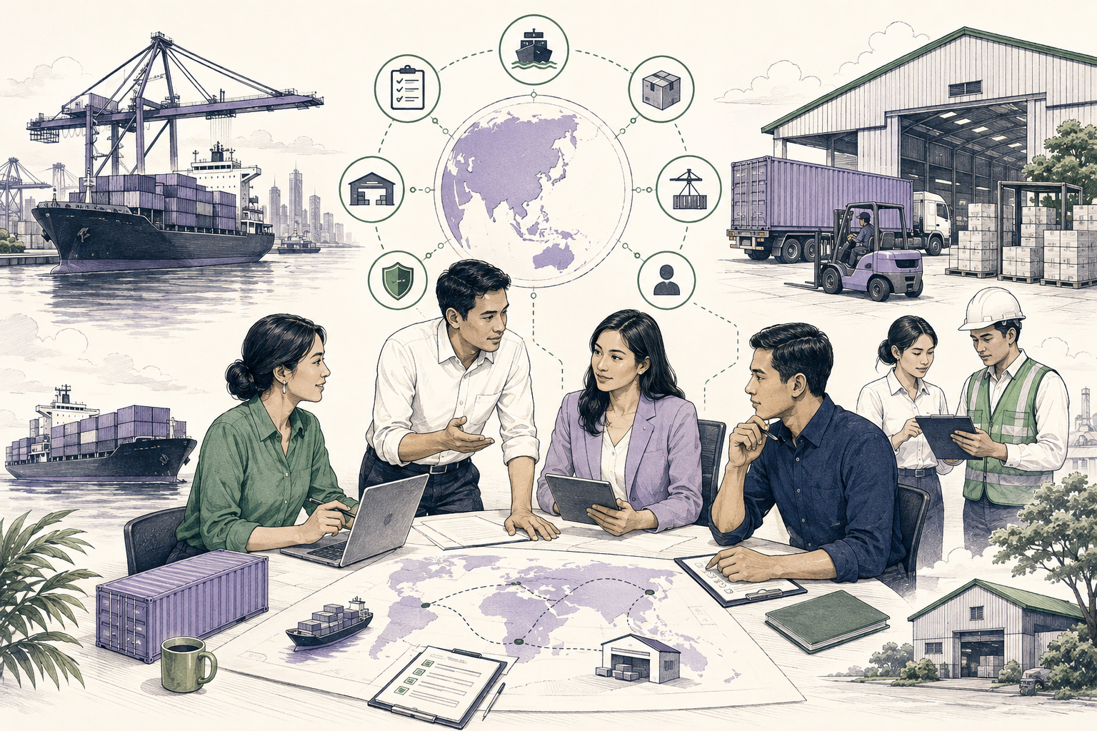 Editorial illustration explaining Incoterms in a B2B transaction
