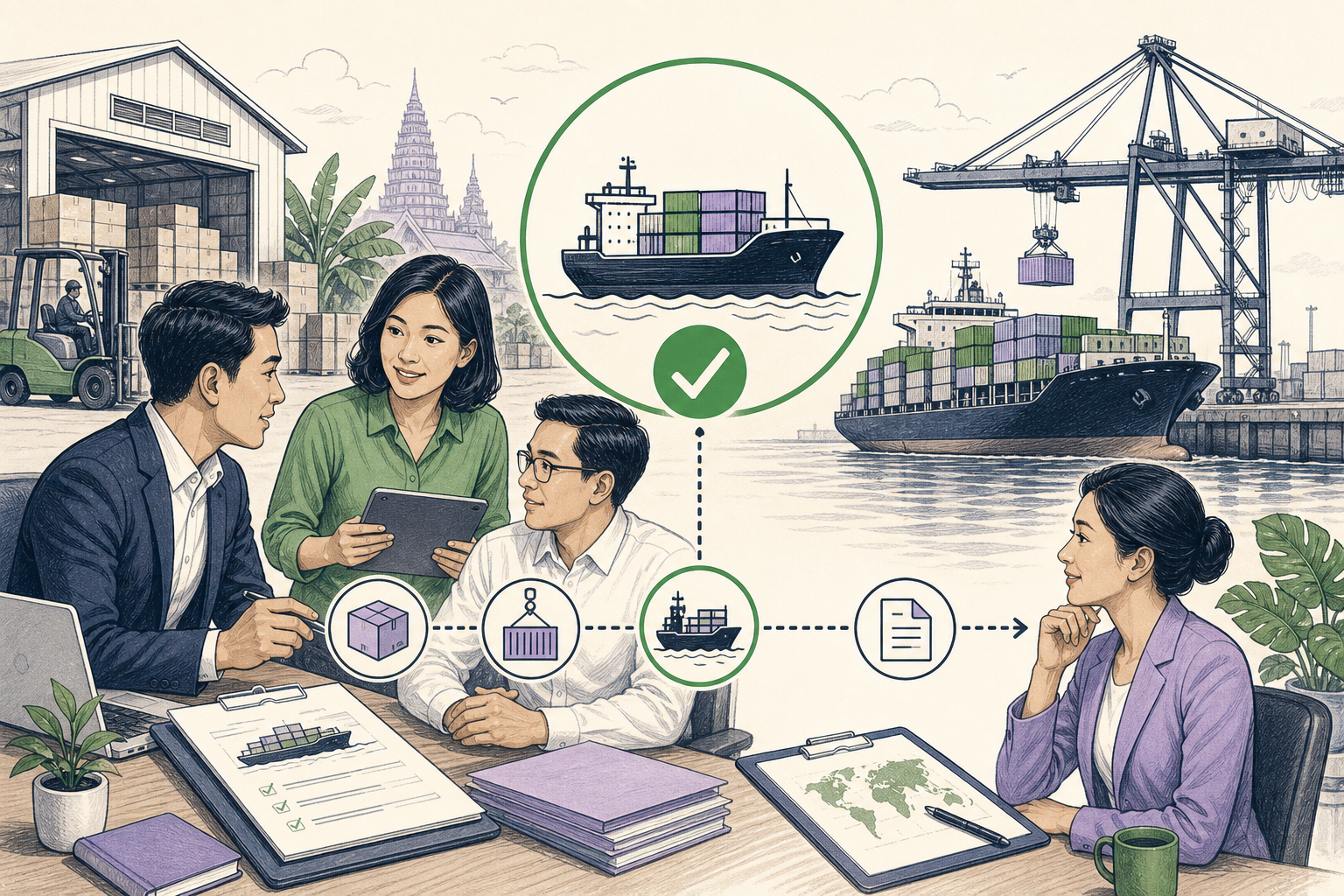 Editorial illustration explaining FOB in a B2B transaction