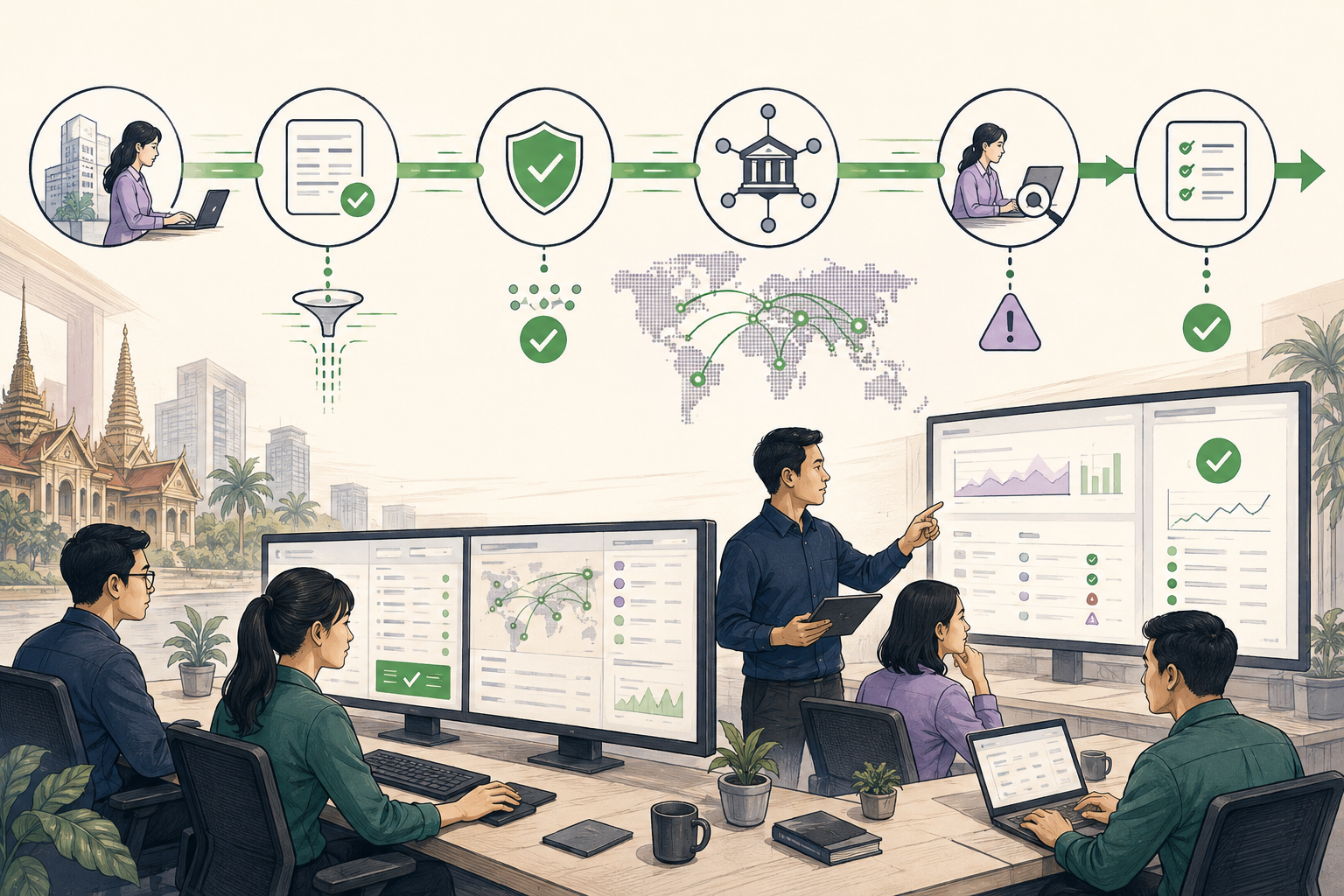 Editorial illustration explaining Straight-through processing (STP) in a B2B transaction