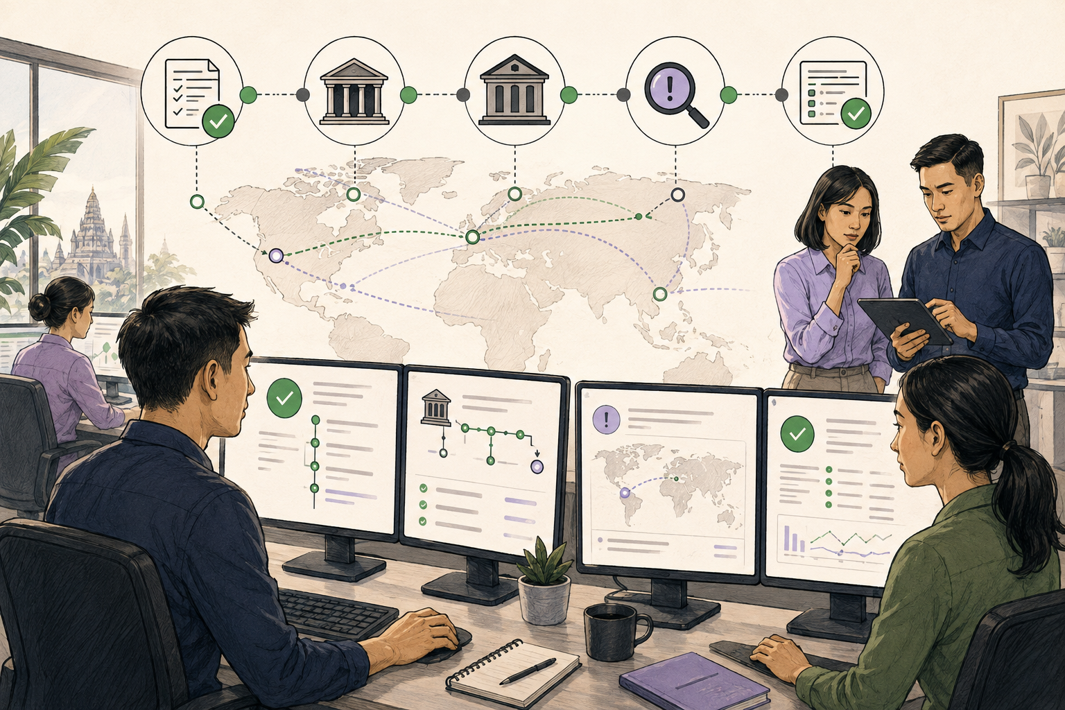 Editorial illustration explaining Unique End-to-End Transaction Reference (UETR) in a B2B transaction