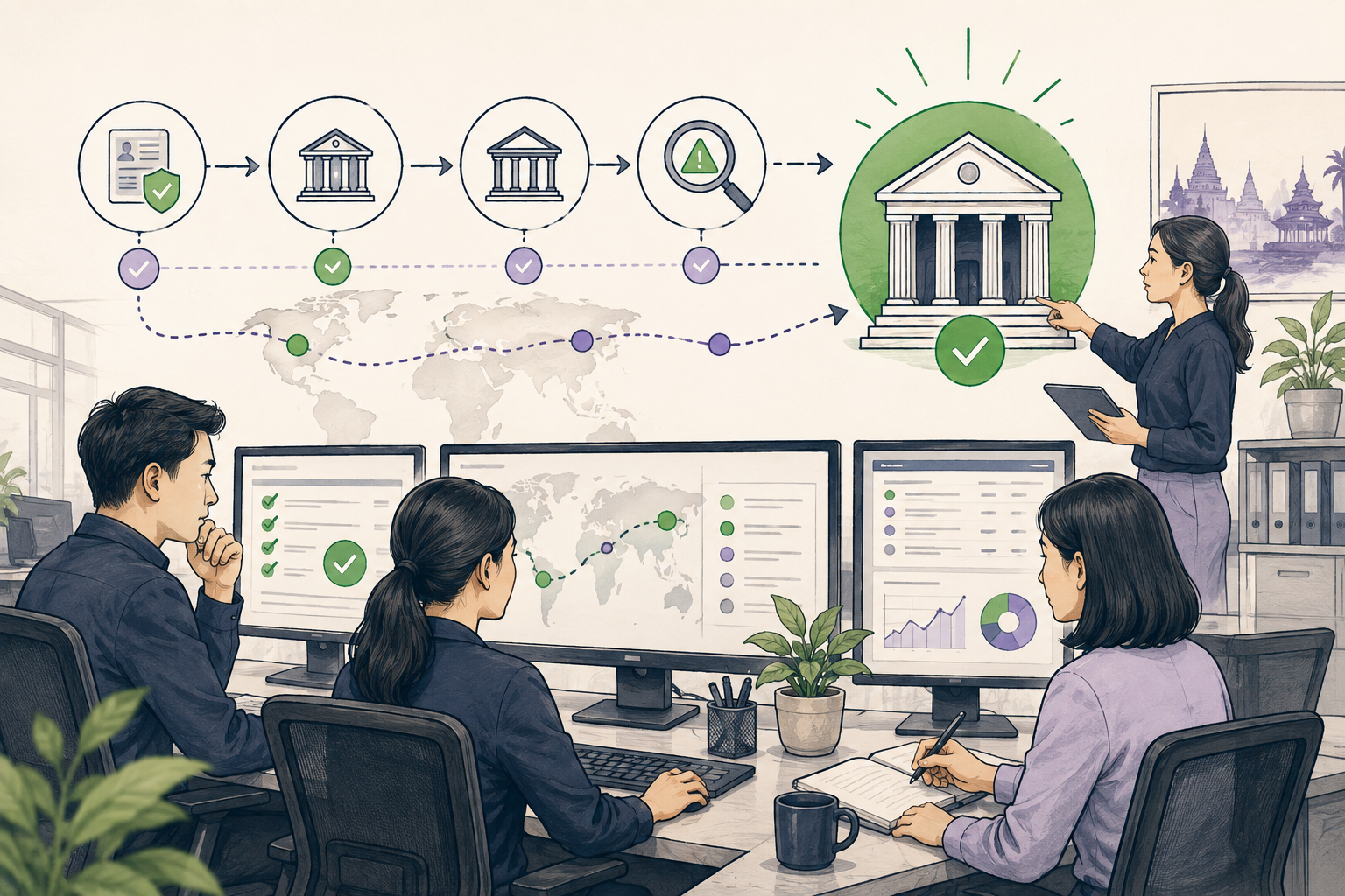Editorial illustration explaining Beneficiary bank in a B2B transaction