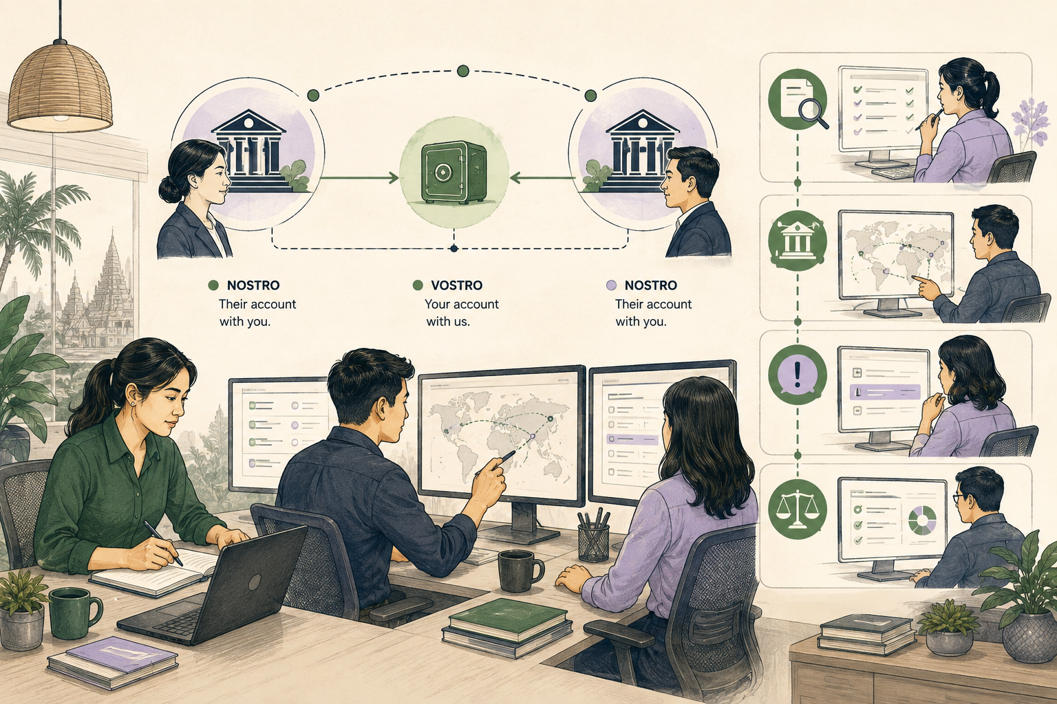 Editorial illustration explaining Vostro account in a B2B transaction