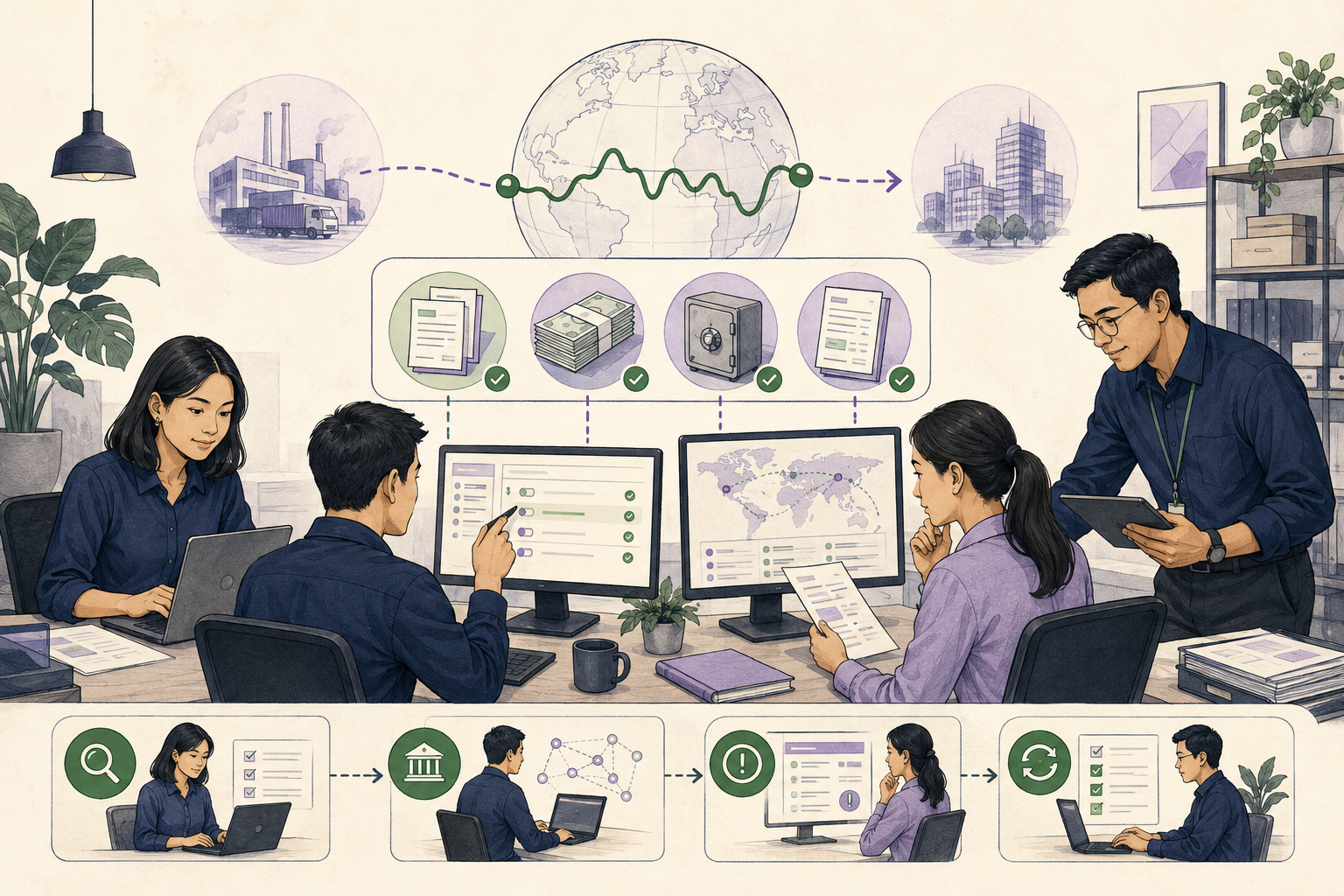 Editorial illustration explaining FX exposure in a B2B transaction