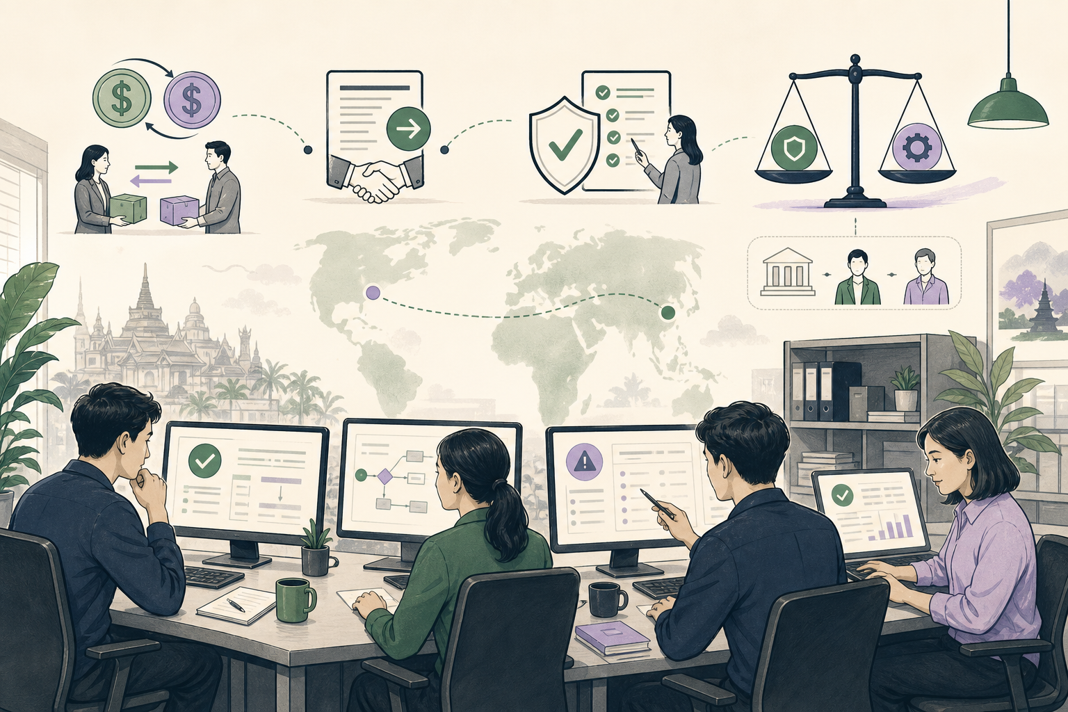 Editorial illustration explaining Currency hedging in a B2B transaction