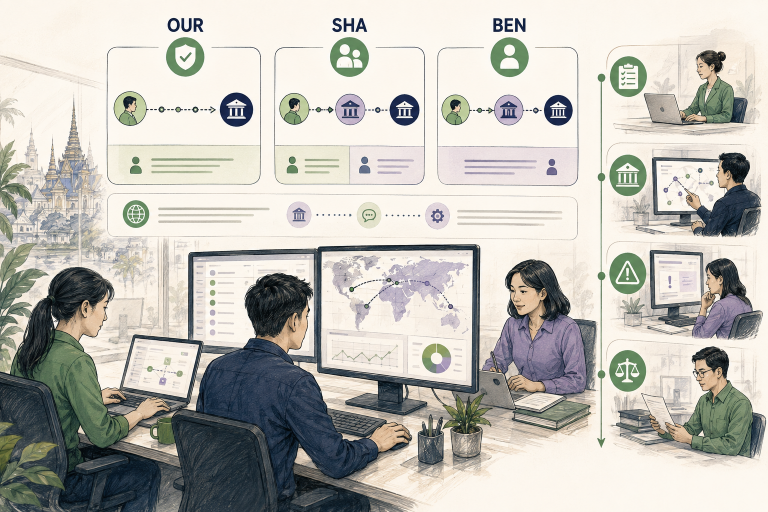 Editorial illustration explaining OUR, SHA, and BEN charges in a B2B transaction