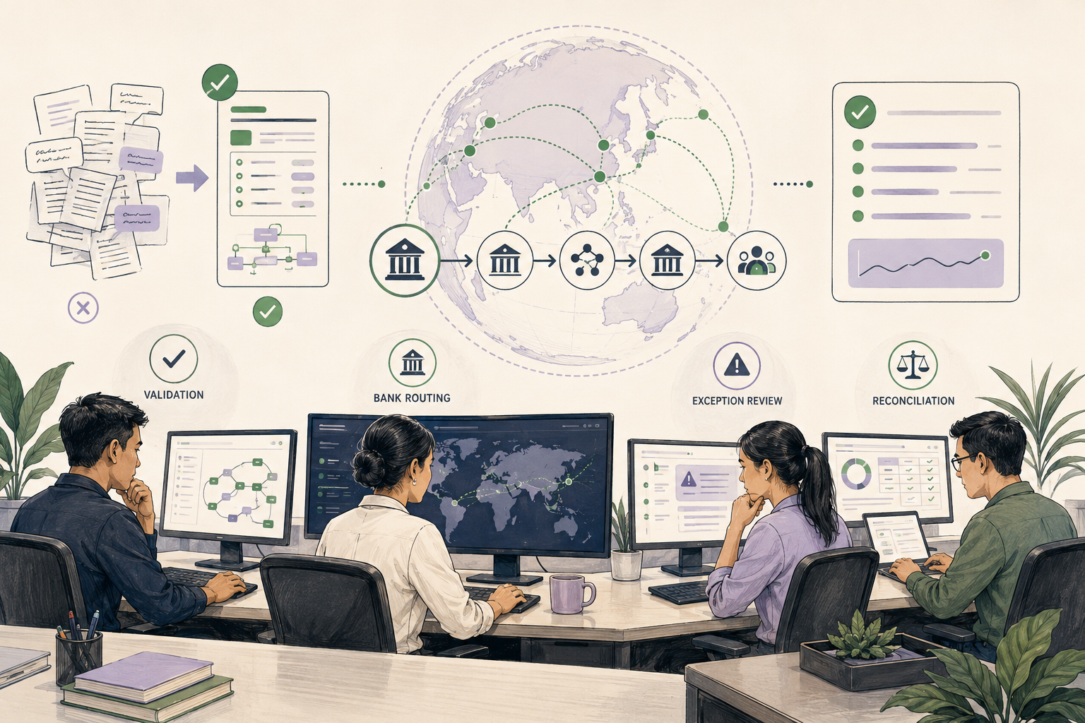 Editorial illustration explaining ISO 20022 in a B2B transaction