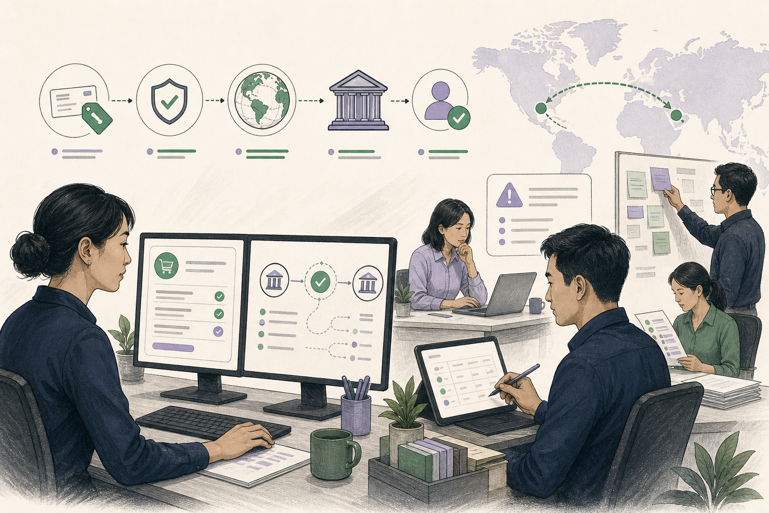 Editorial illustration explaining Payment purpose code in a B2B transaction