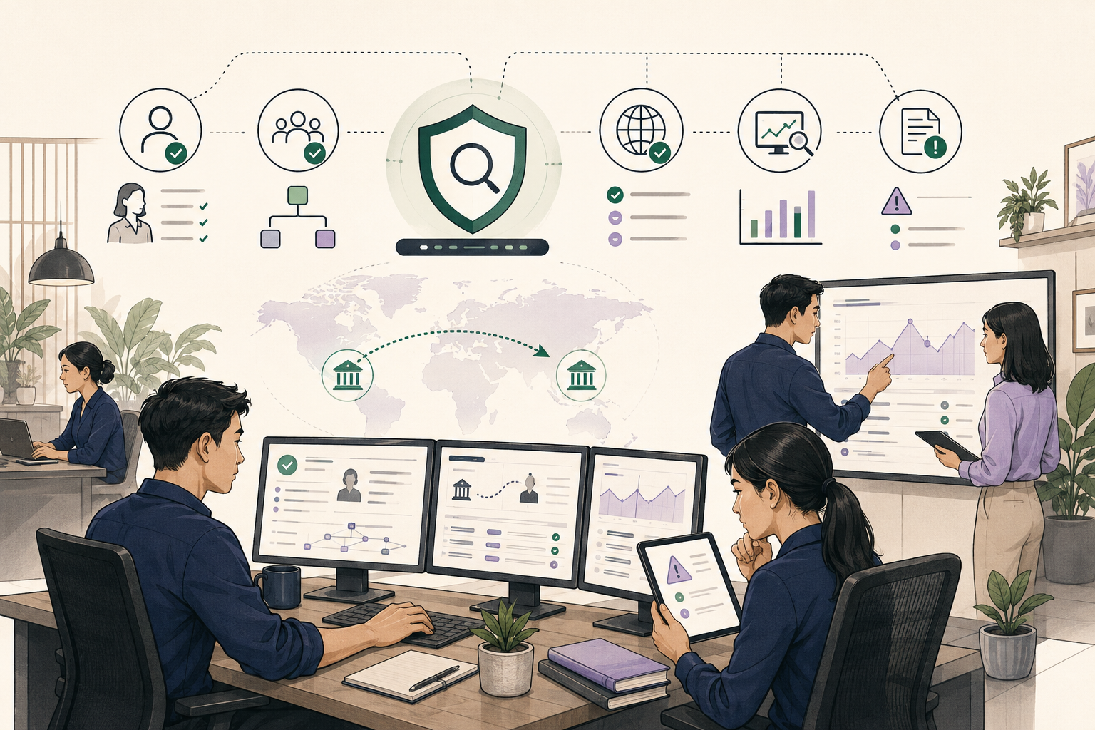 Editorial illustration explaining AML screening in a B2B transaction