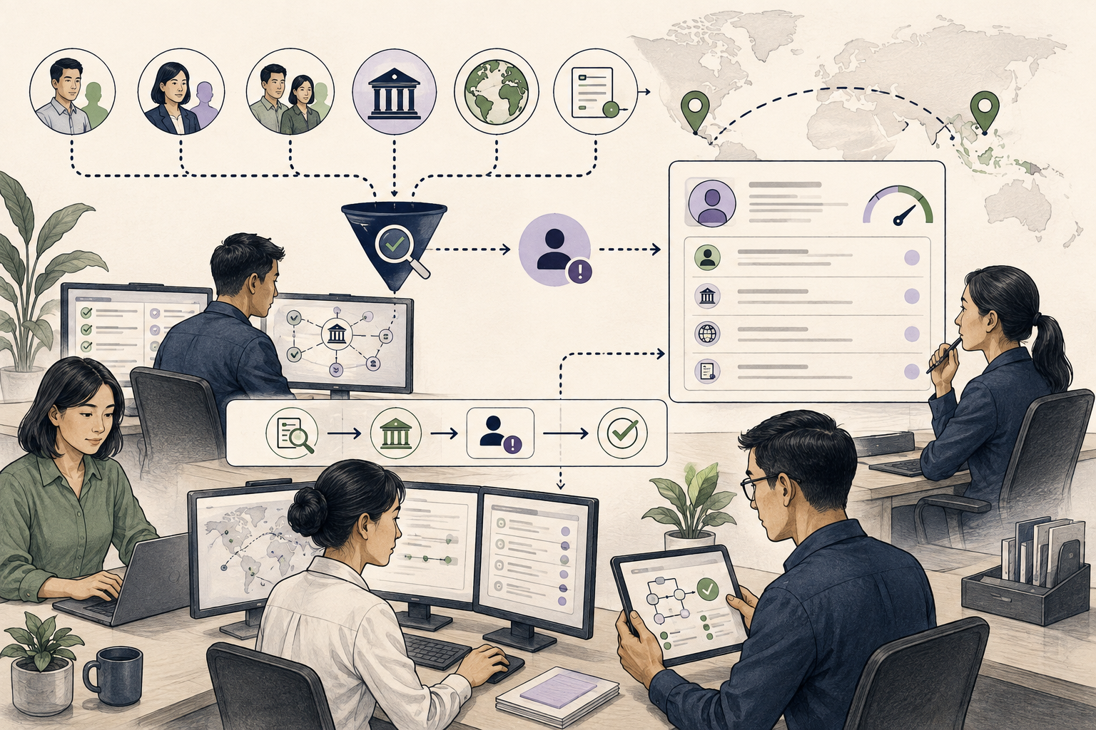 Editorial illustration explaining Sanctions screening in a B2B transaction