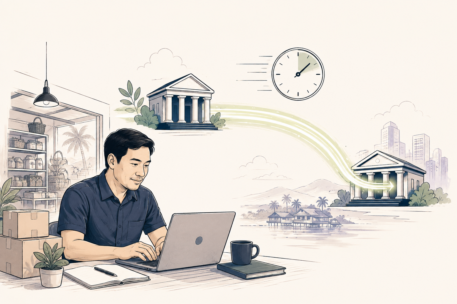 Editorial illustration of InstaPay in a business payment workflow