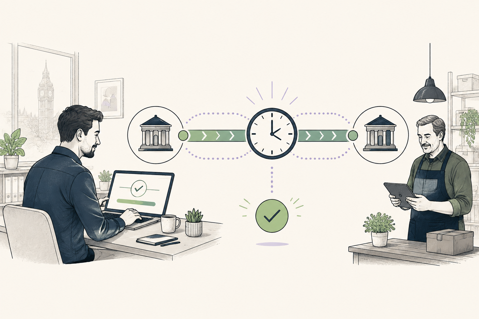 Editorial illustration of Faster Payments Service in a business payment workflow