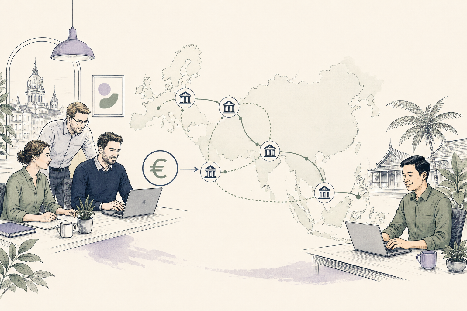Editorial illustration of SEPA Transfer in a business payment workflow