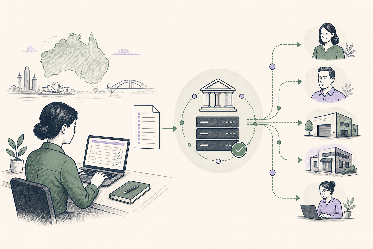 Editorial illustration of Bulk Electronic Clearing System (BECS) in a business payment workflow