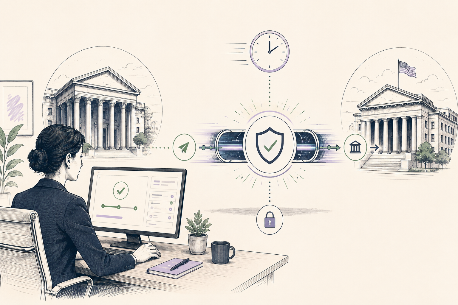 Editorial illustration of Fedwire Funds Service in a business payment workflow
