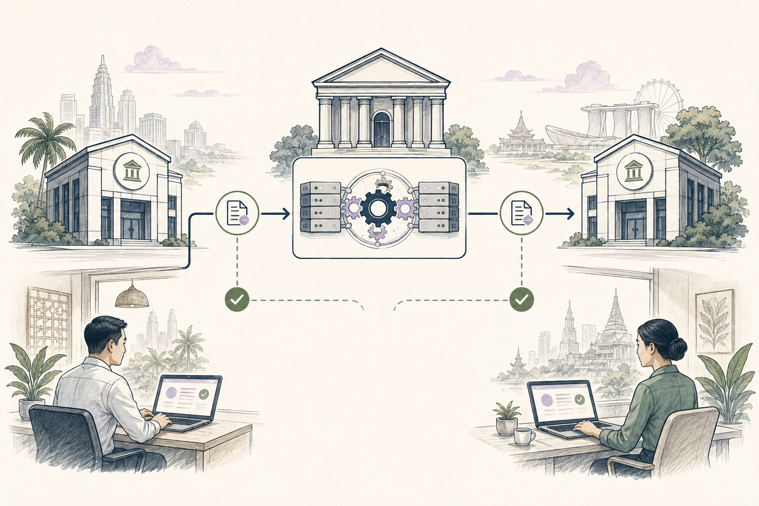 Editorial illustration of Real-Time Gross Settlement (RTGS) in a business payment workflow