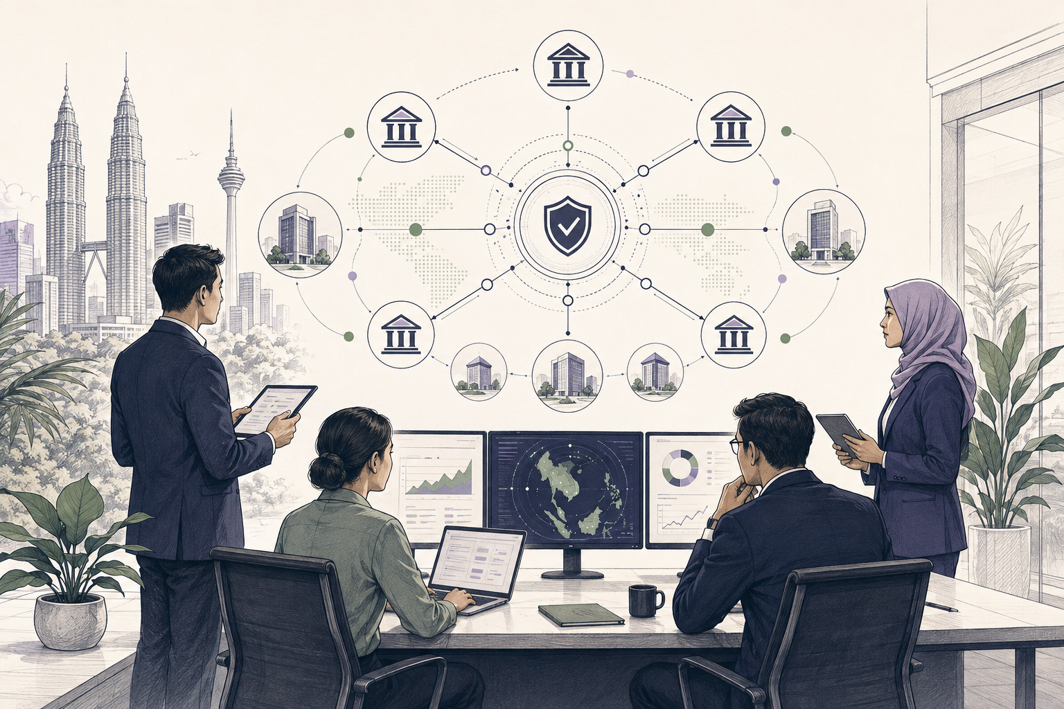 Editorial illustration of RENTAS and RENTAS+ in a business payment workflow