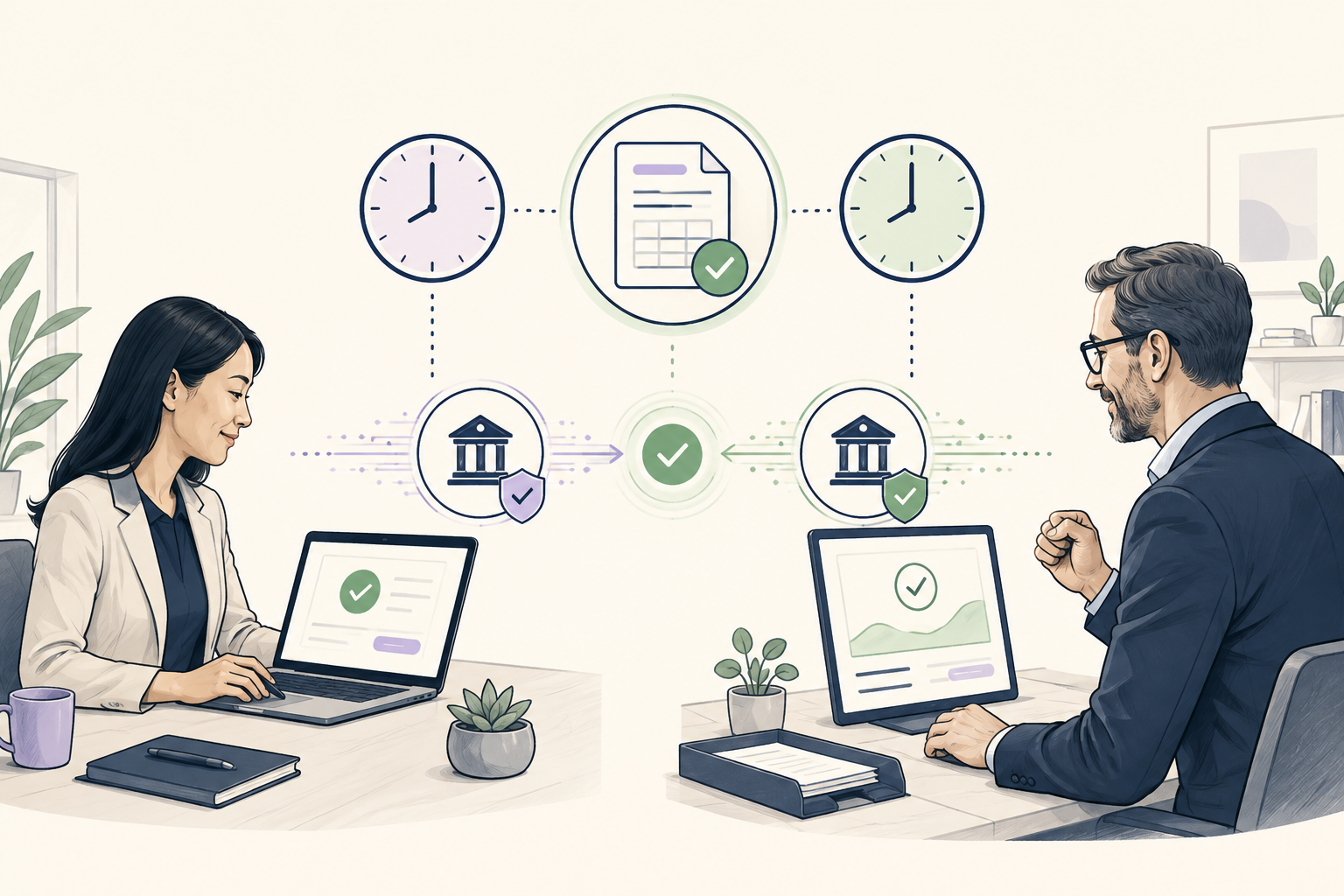 Editorial illustration of Instant Payment in a business payment workflow
