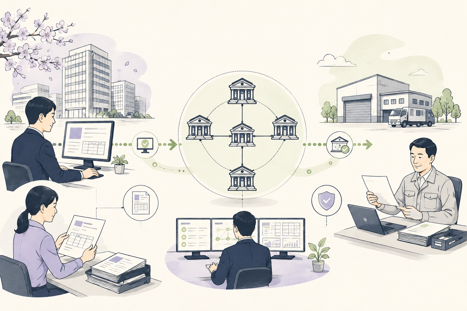 Editorial illustration of Zengin System in a business payment workflow