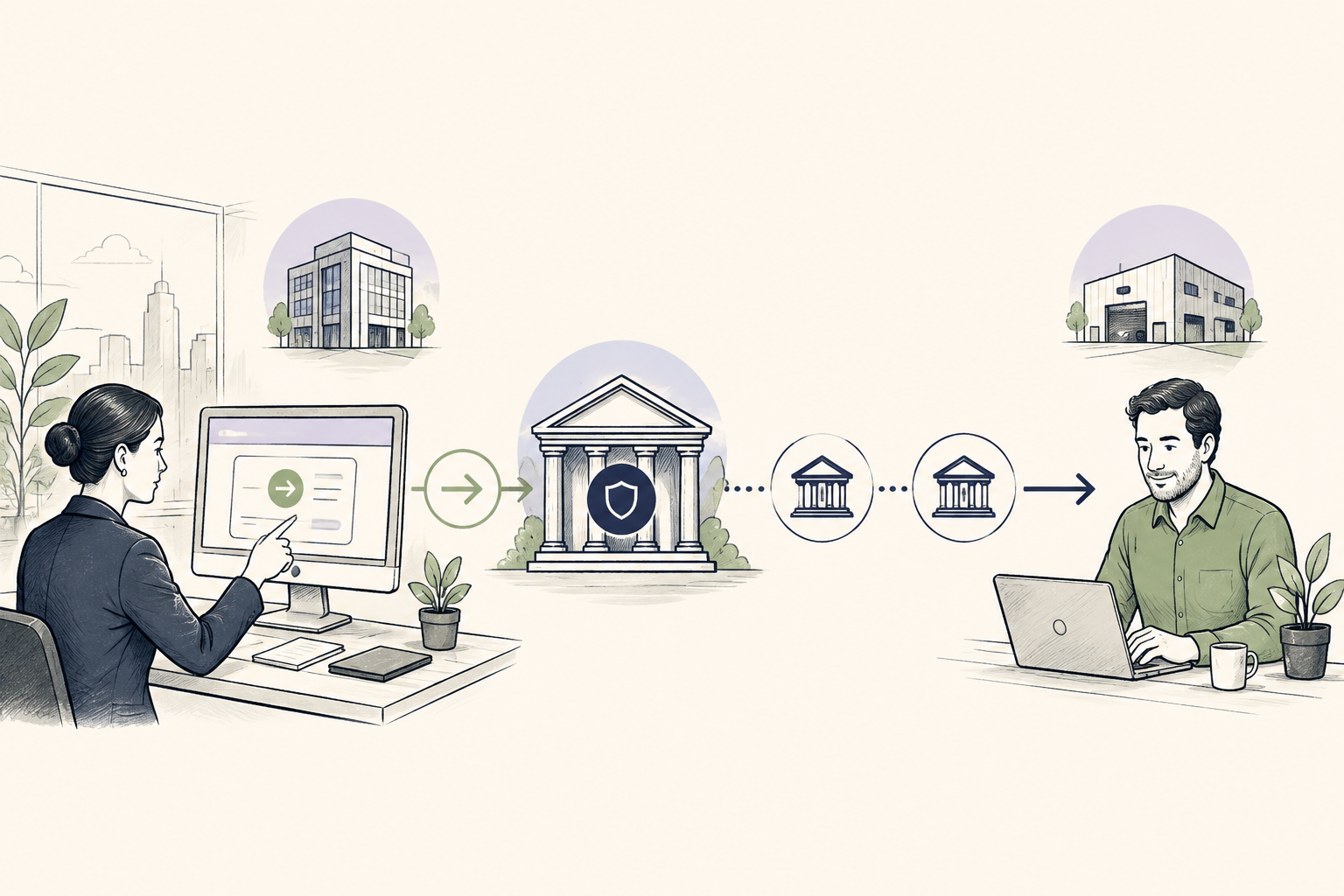 Editorial illustration of Credit Transfer in a business payment workflow