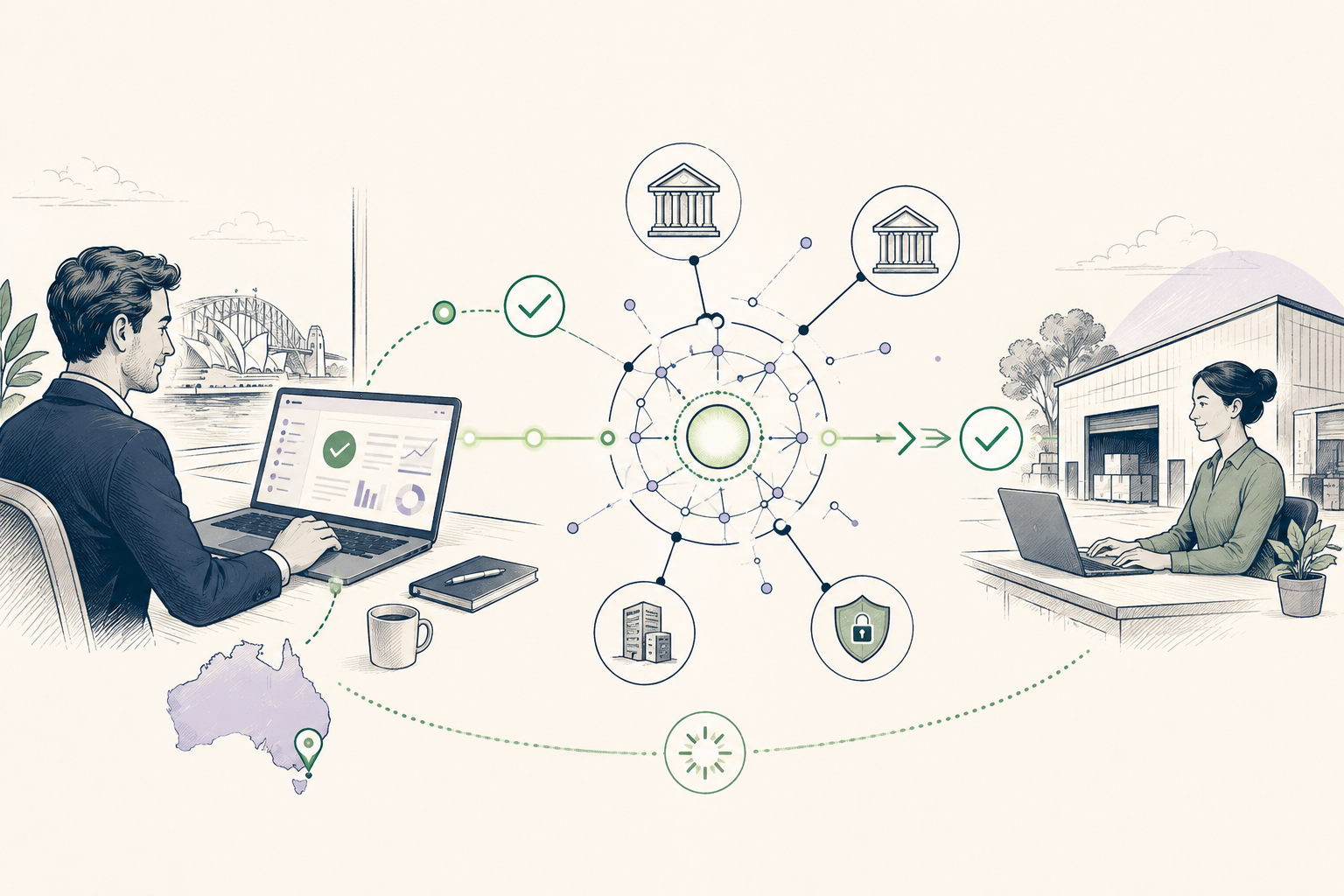 Editorial illustration of New Payments Platform (NPP) in a business payment workflow
