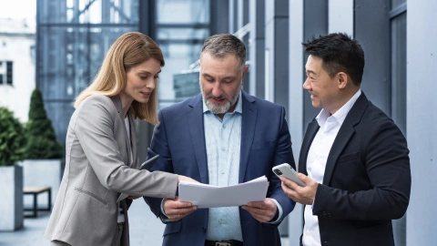 Three colleagues review a document together outside an office building.