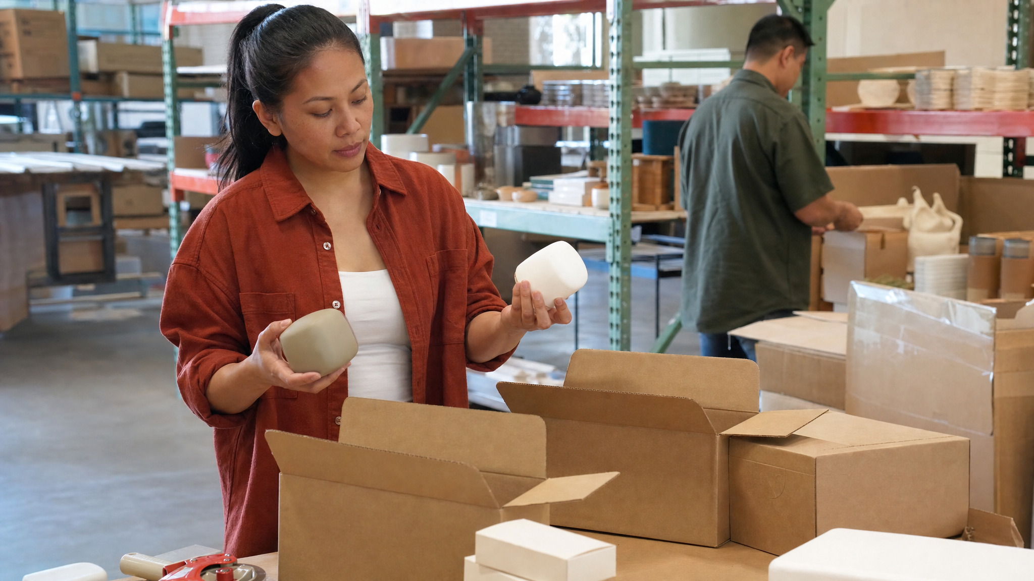 Woman in a red shirt inspects two ceramic cups while packing boxes in a product warehouse.
