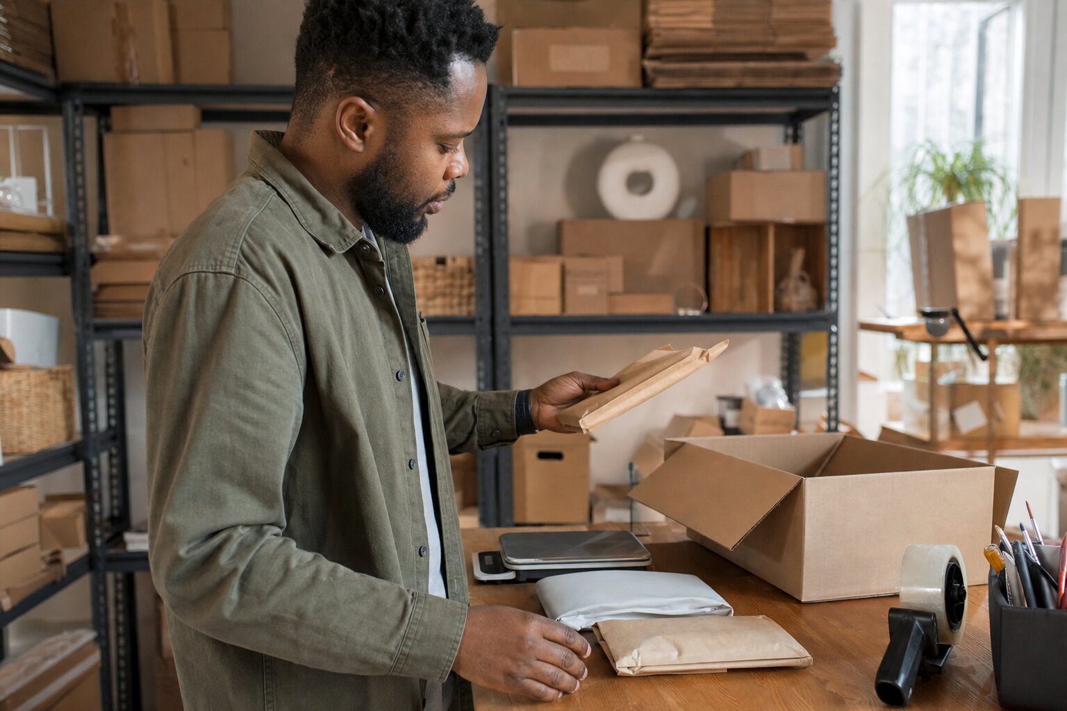 Man in an olive jacket checks a flat-pack mailer at a packing bench stocked with boxes and tape.