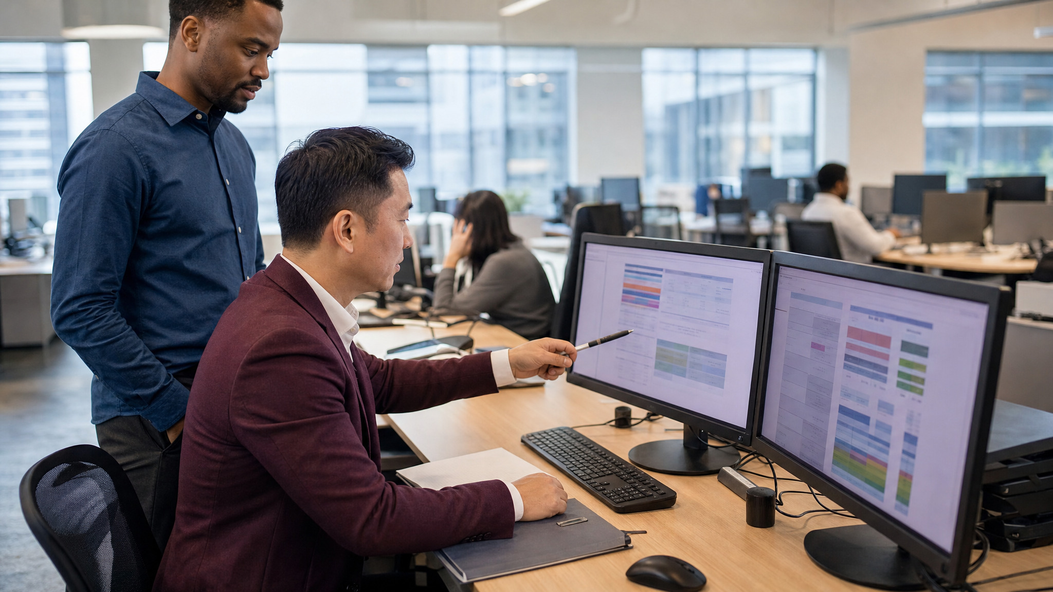 Two coworkers review colorful dashboards on dual monitors in an open office.